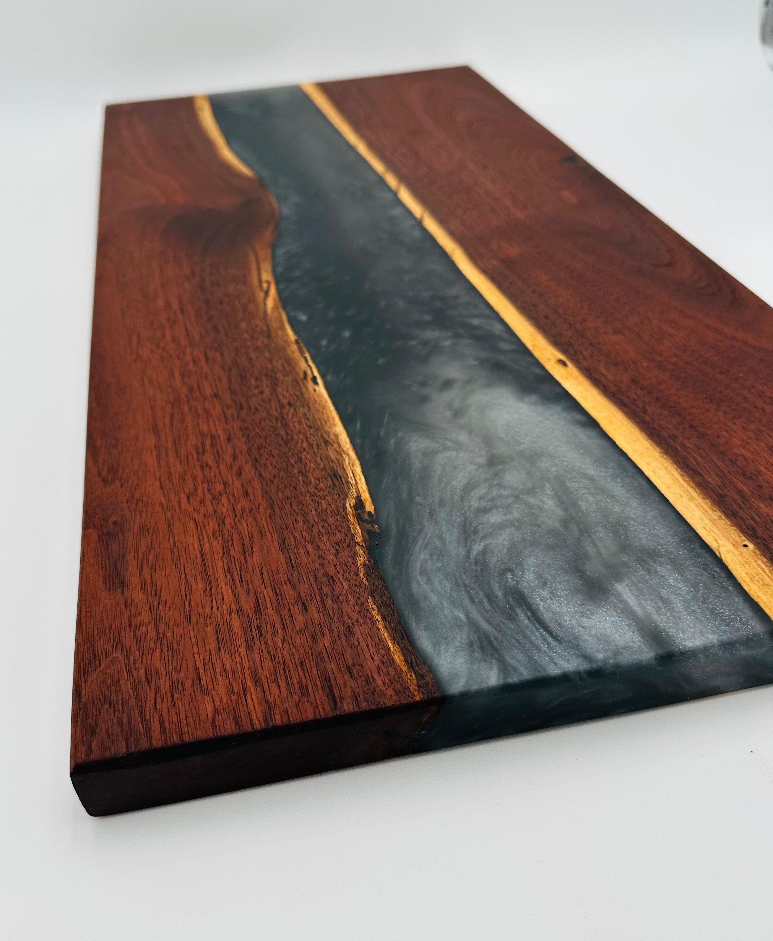 Handcrafted Black Walnut Charcuterie Board with Black and Silver Resin Center with Feet