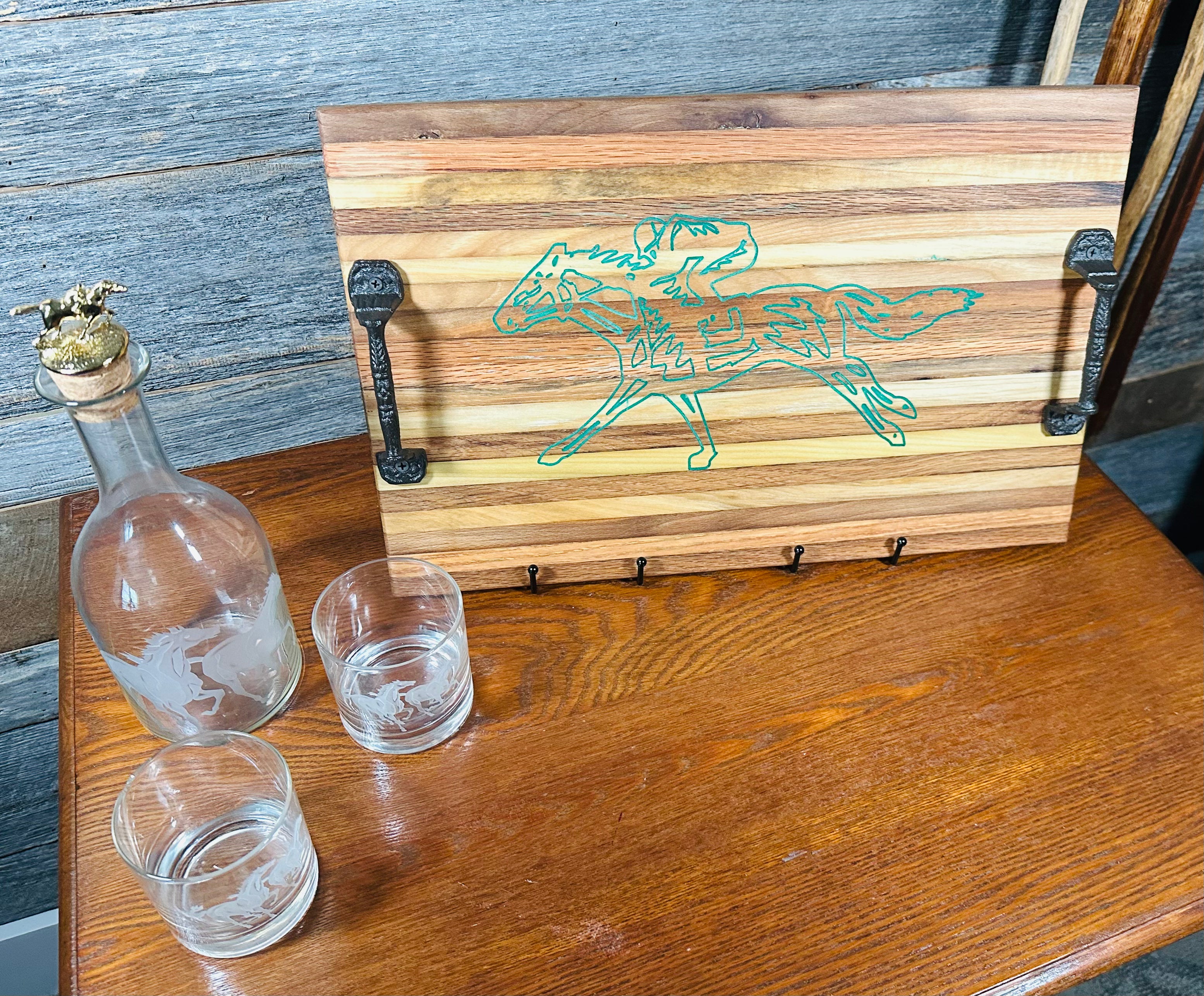 Handcrafted Tobacco Stick Tray with Inlaid Racehorse and Jockey Design