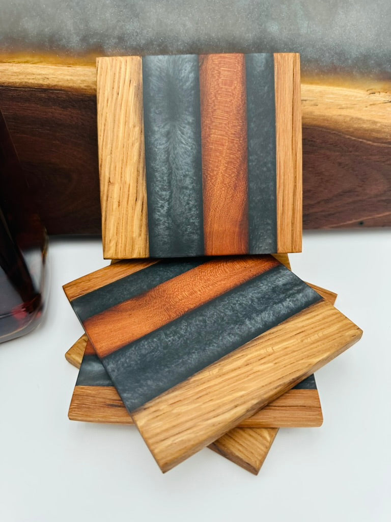 Tobacco Stick & Emerald Resin Coasters - Rustic Modern Set of 4