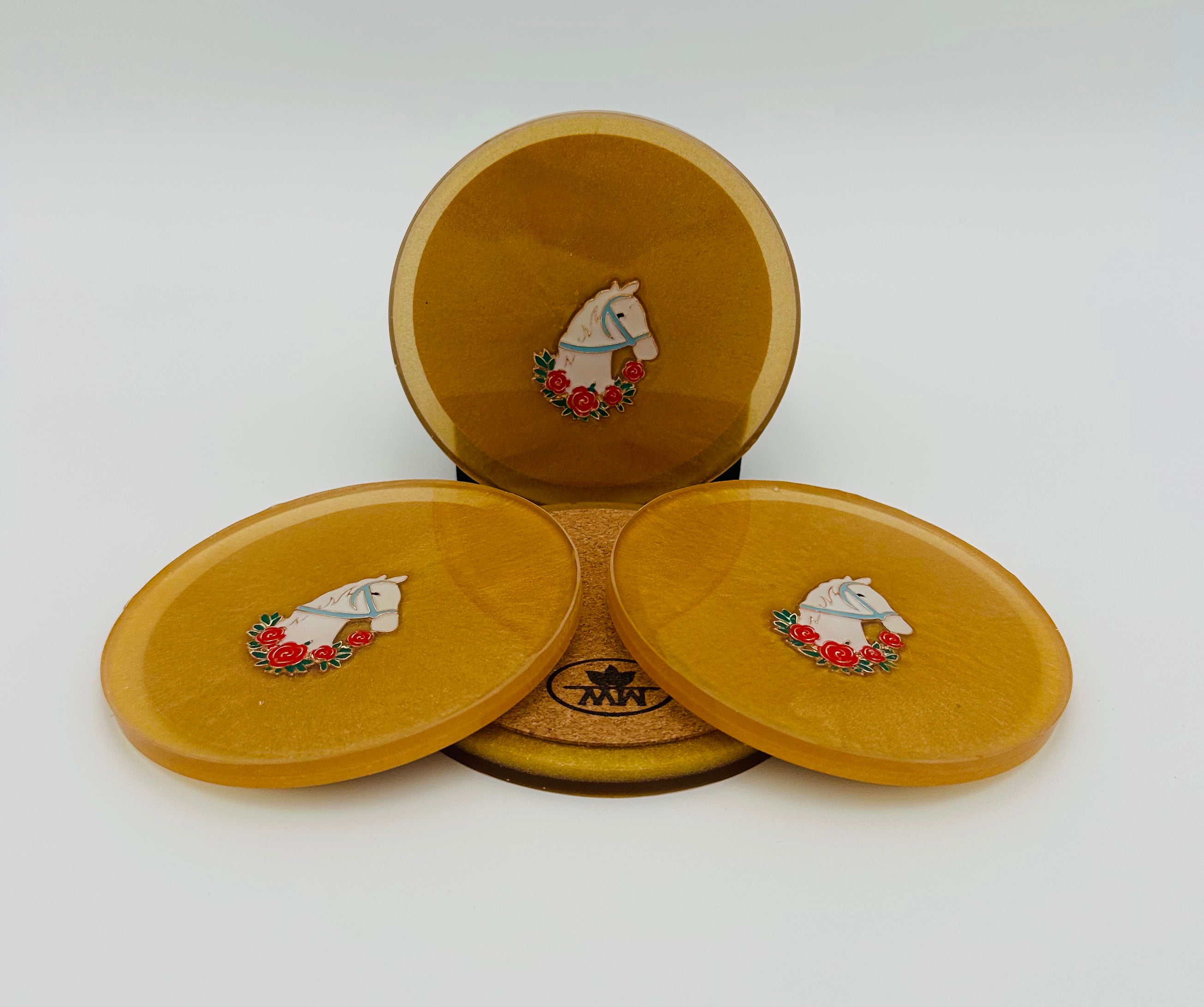 Handcrafted Gold Resin Coasters with Horse Head Derby Pin Inlay, Set of 4