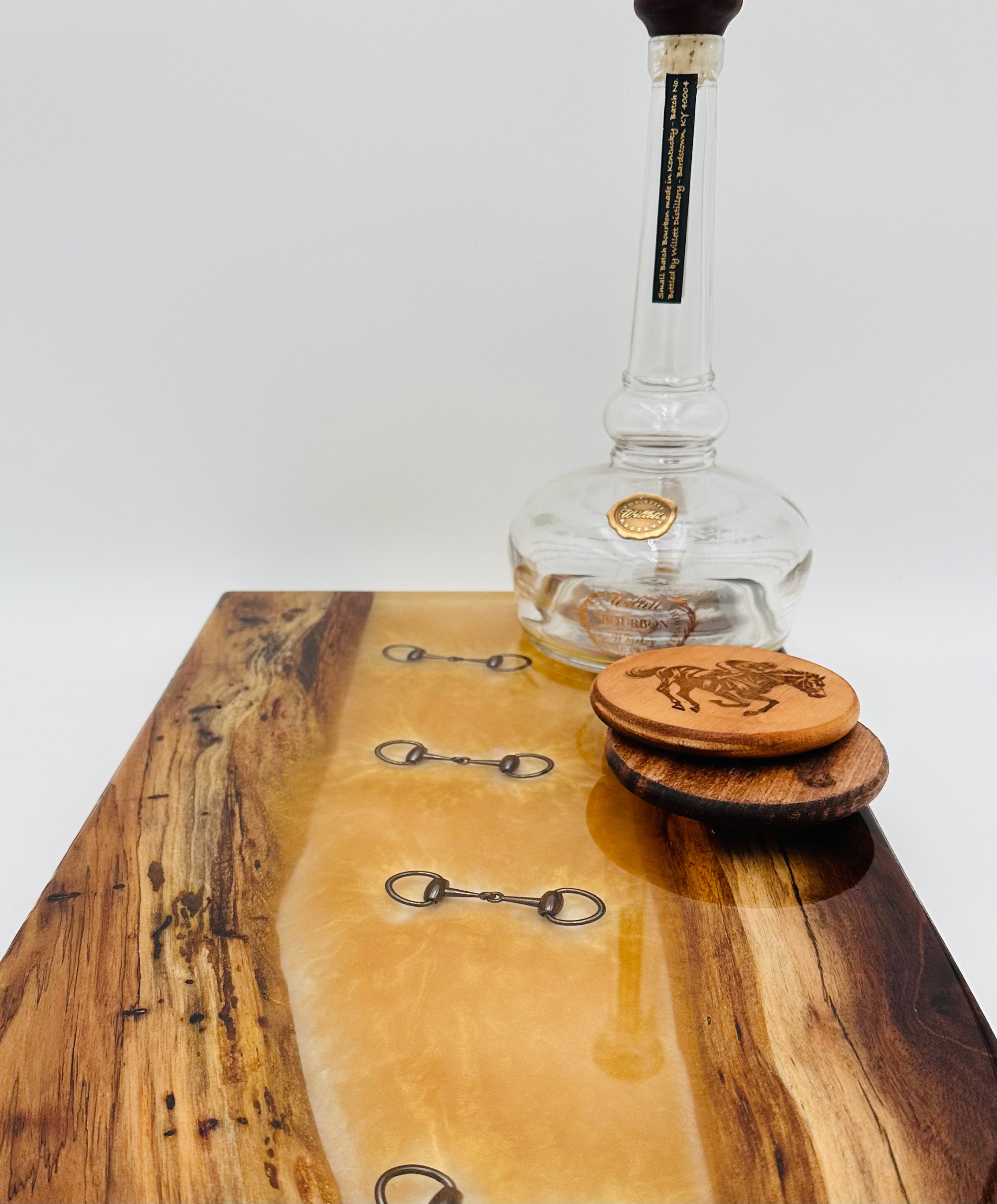 Black Walnut Charcuterie Board with Clear and Gold Colored Resin, Inlaid  Black Bridle Bit