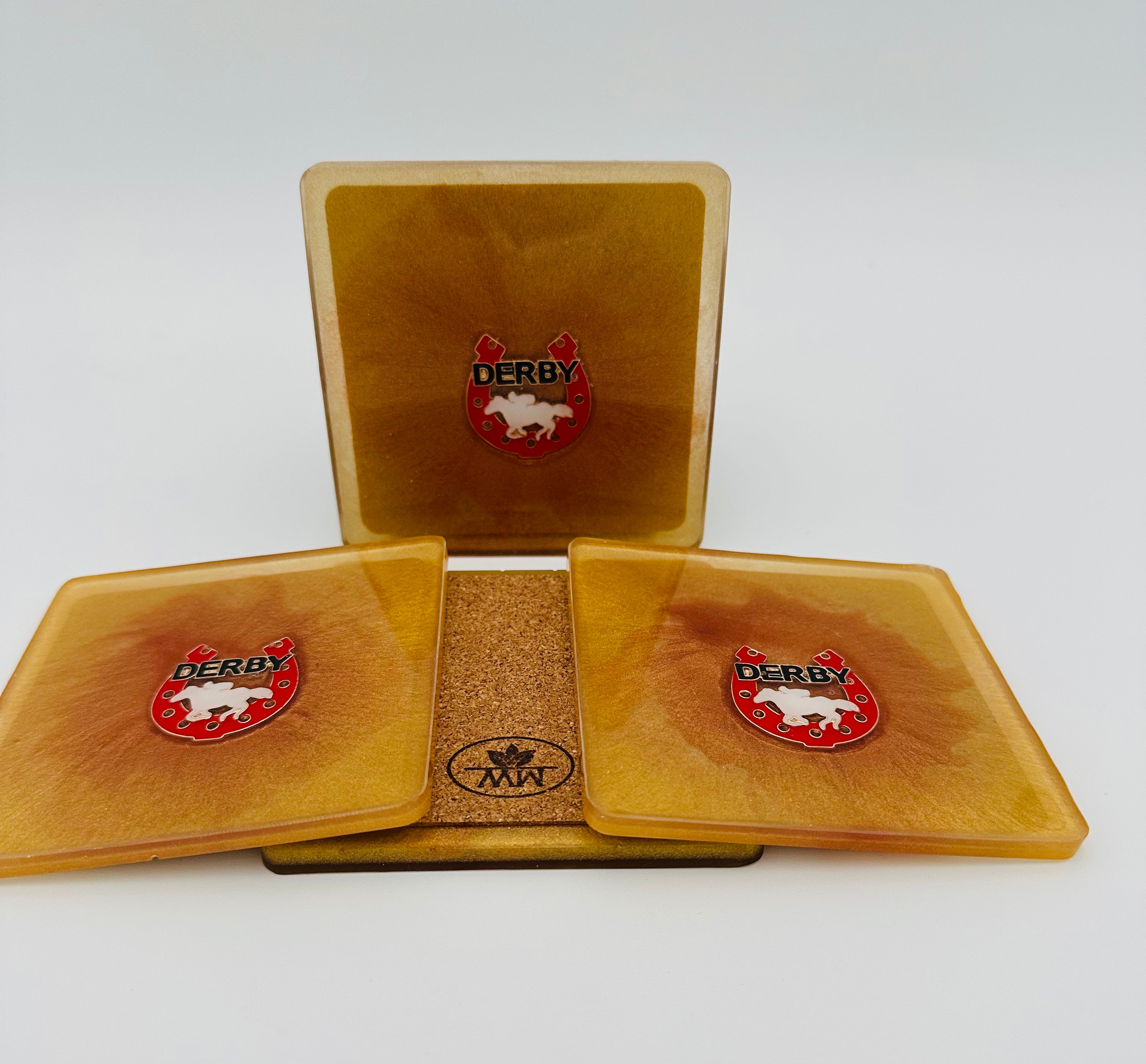 Handcrafted Gold Resin Coasters with Derby Pin Inlay, Set of 4