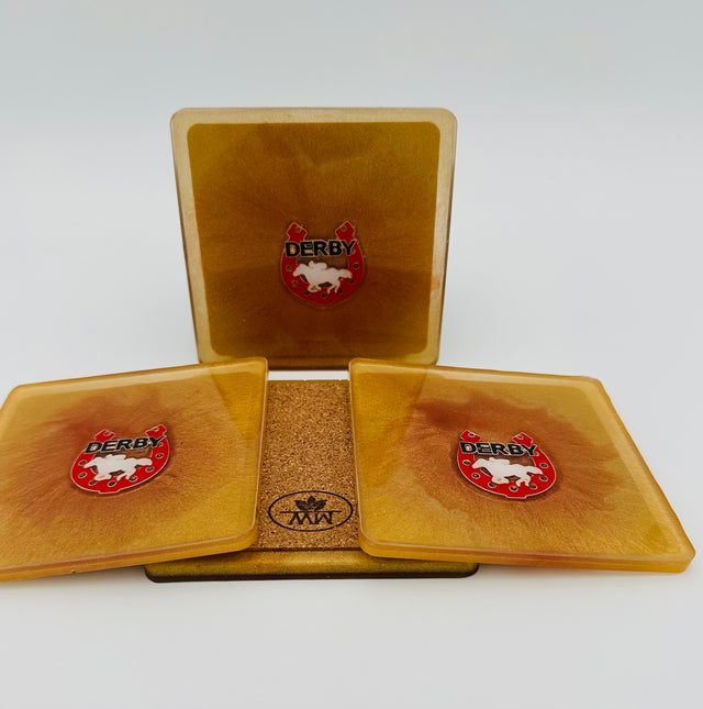 Handcrafted Gold Resin Coasters with Derby Pin Inlay, Set of 4