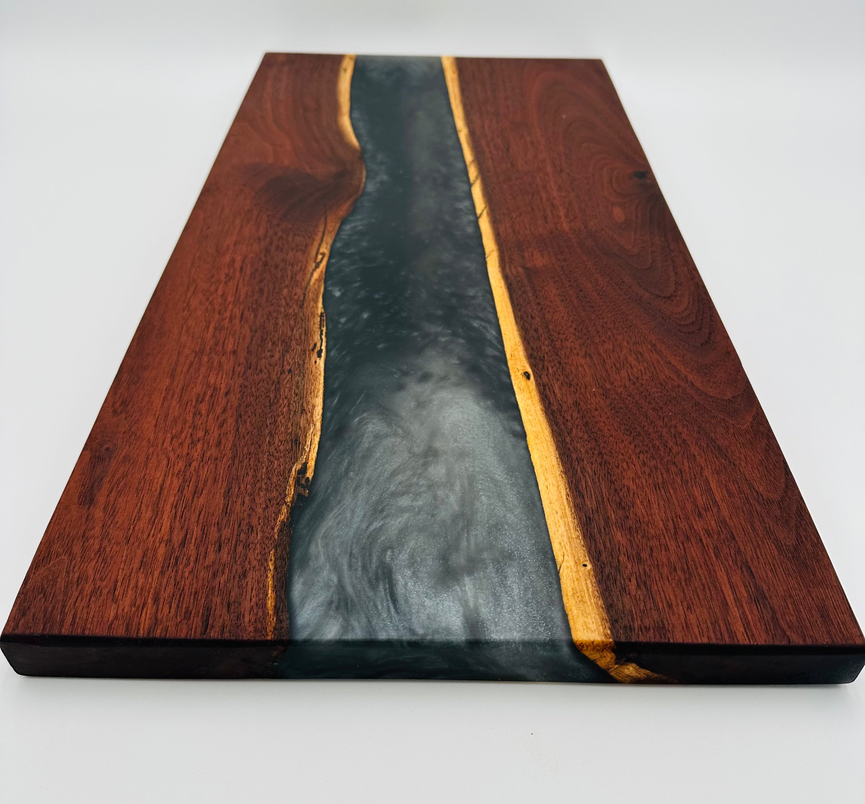 Handcrafted Black Walnut Charcuterie Board with Black and Silver Resin Center with Feet