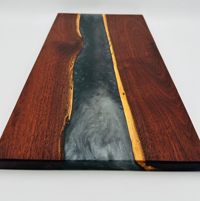Handcrafted Black Walnut Charcuterie Board with Black and Silver Resin Center
