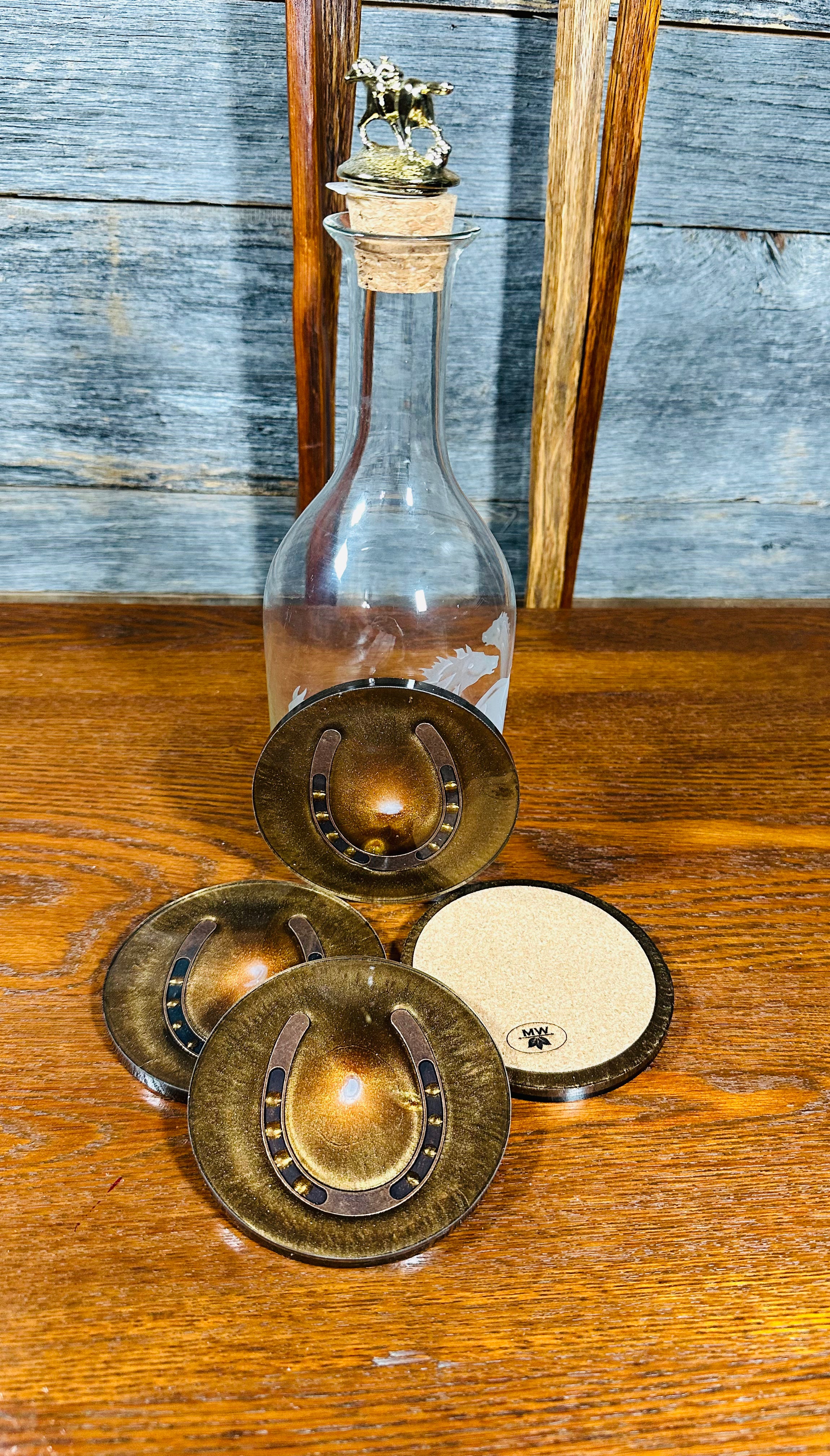 Handcrafted Resin Beverage Coasters with Horseshoe inlay