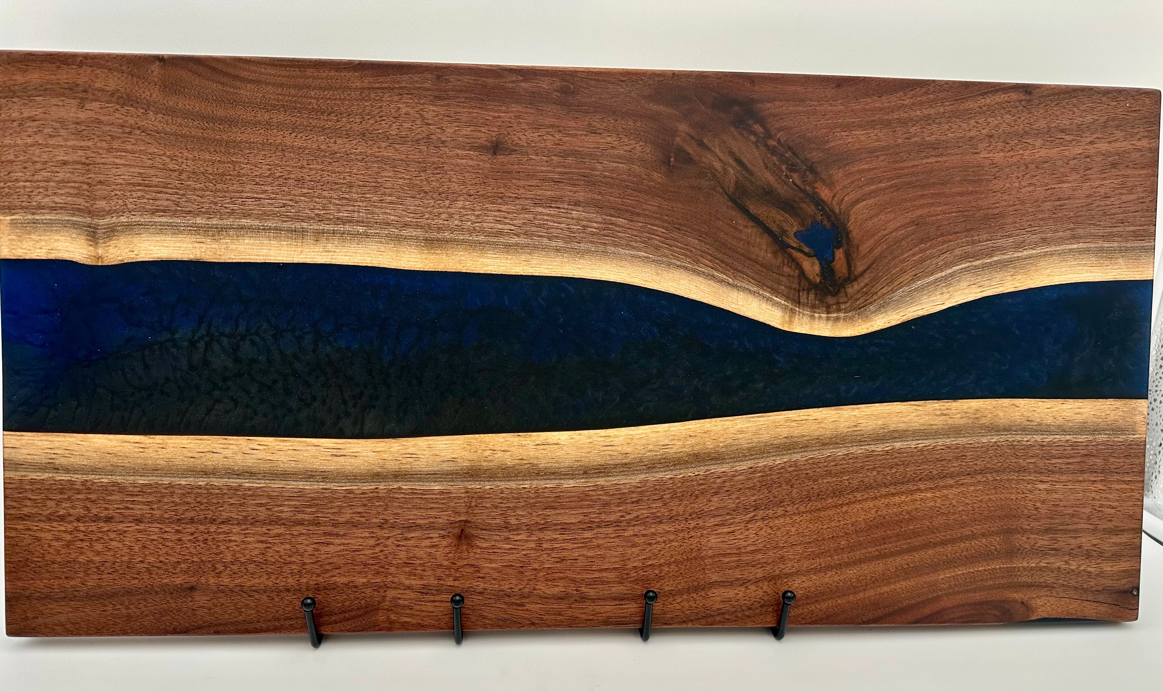Handcrafted Black Walnut Charcuterie Board with Dark Blue Resin Center with Feet