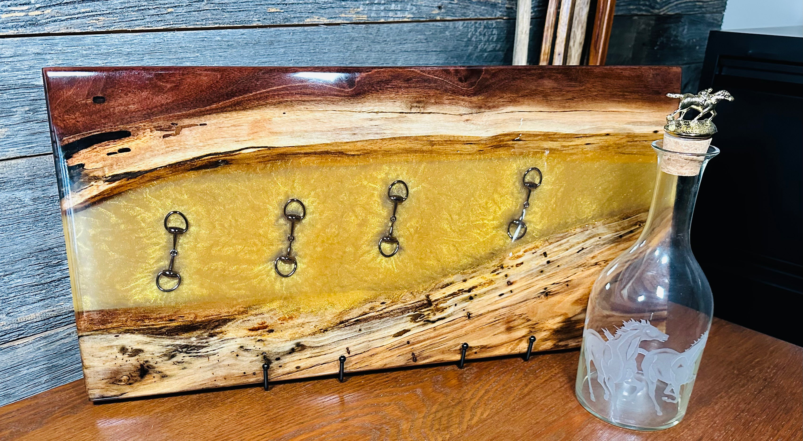 Black Walnut Charcuterie Board with Clear and Gold Colored Resin, Inlaid  Black Bridle Bit