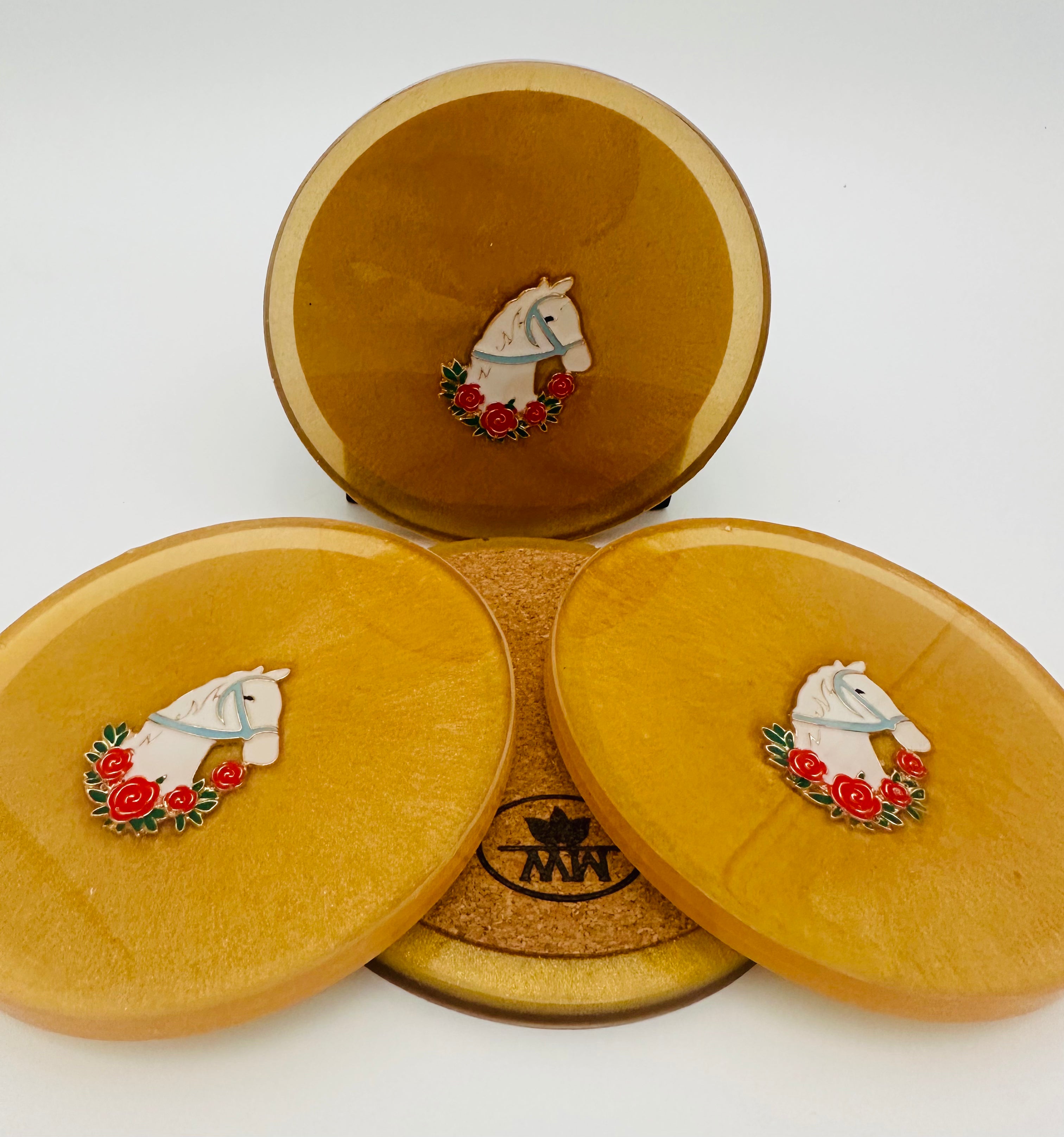 Handcrafted Gold Resin Coasters with Horse Head Derby Pin Inlay, Set of 4