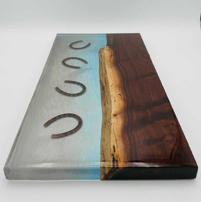 Handcrafted Black Walnut Charcuterie Board with Light Blue Resin with inlay Horseshoes
