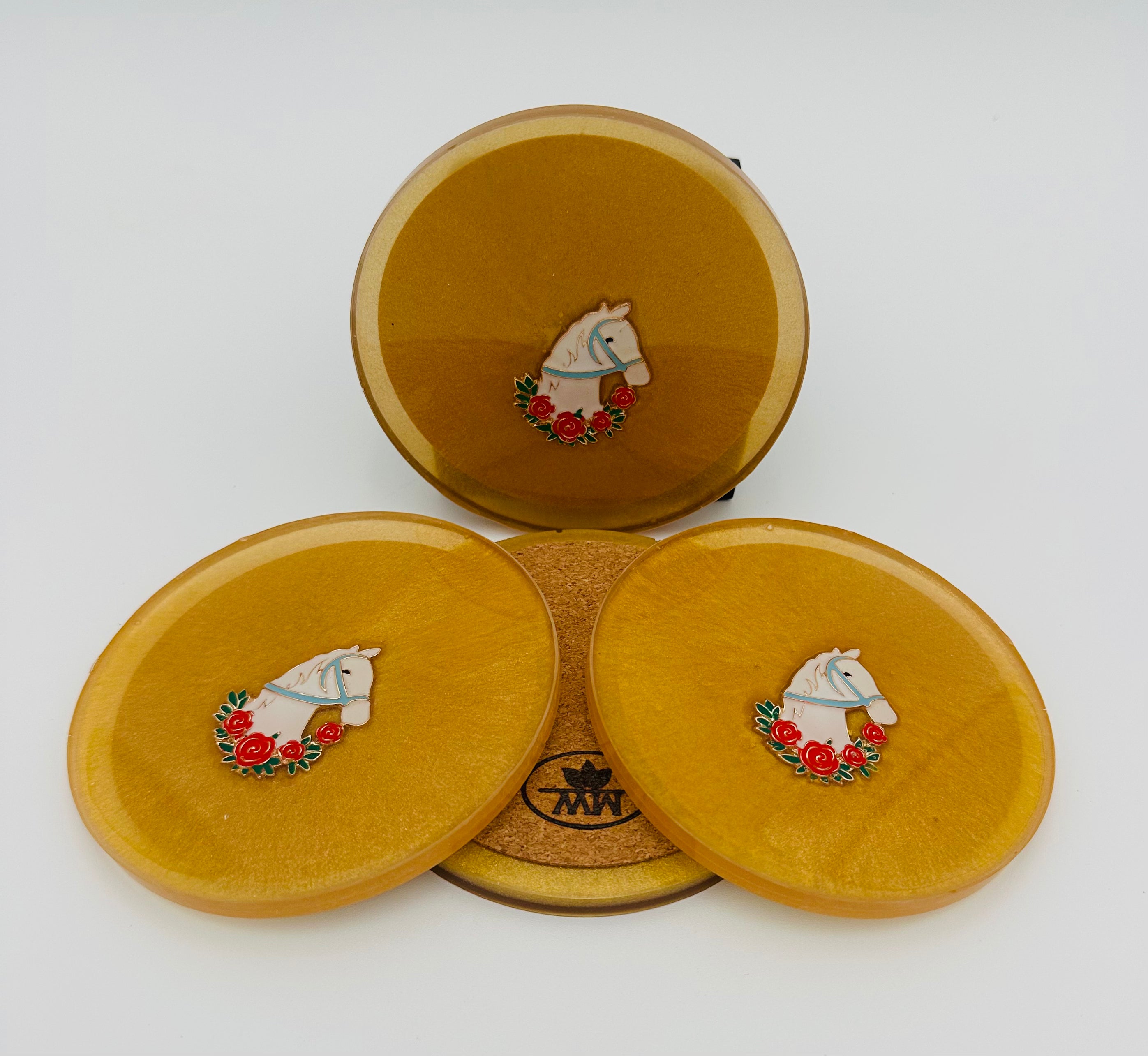 Handcrafted Gold Resin Coasters with Horse Head Derby Pin Inlay, Set of 4