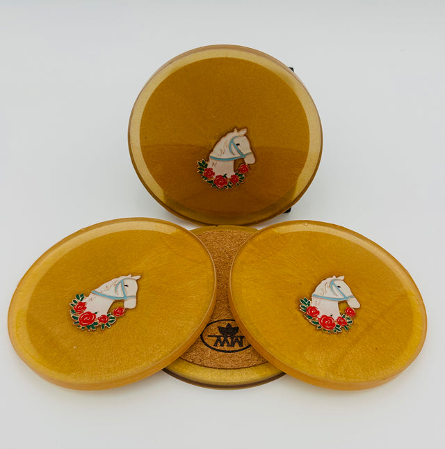 Handcrafted Gold Resin Coasters with Horse Head Derby Pin Inlay, Set of 4