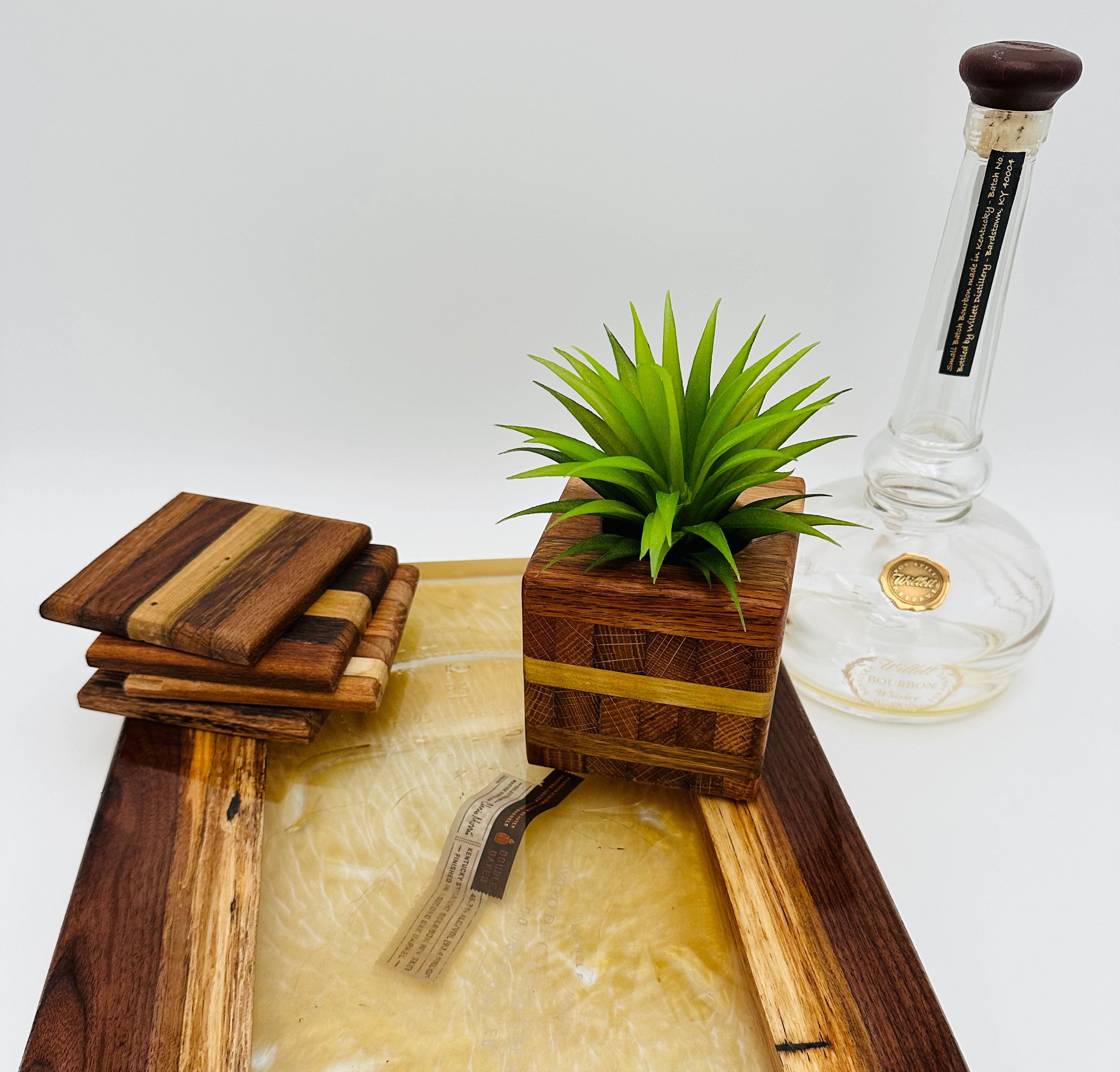 Black Walnut Charcuterie Board with Bourbon-Colored Resin & Broken Woodford Bottle