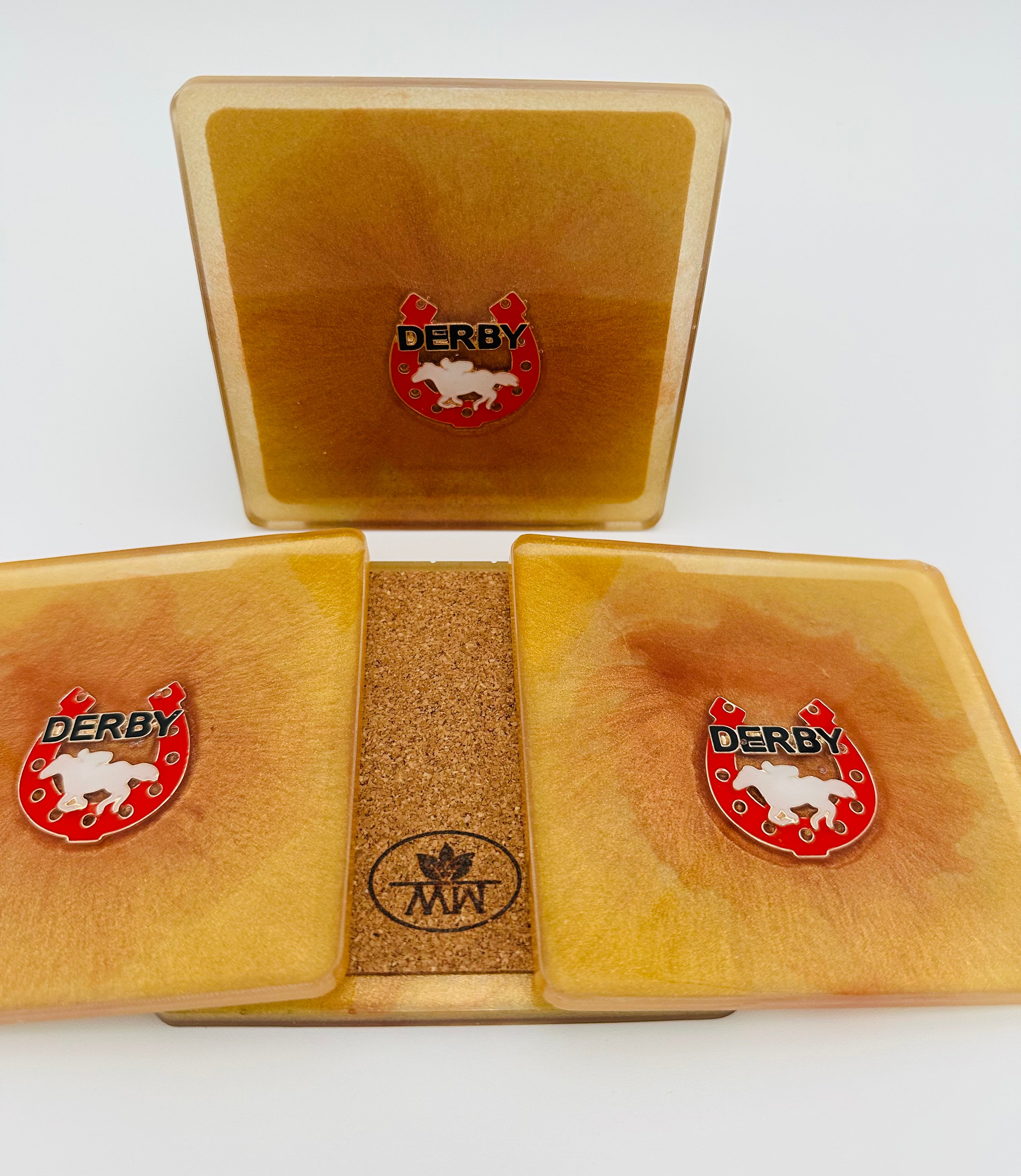 Handcrafted Gold Resin Coasters with Derby Pin Inlay, Set of 4