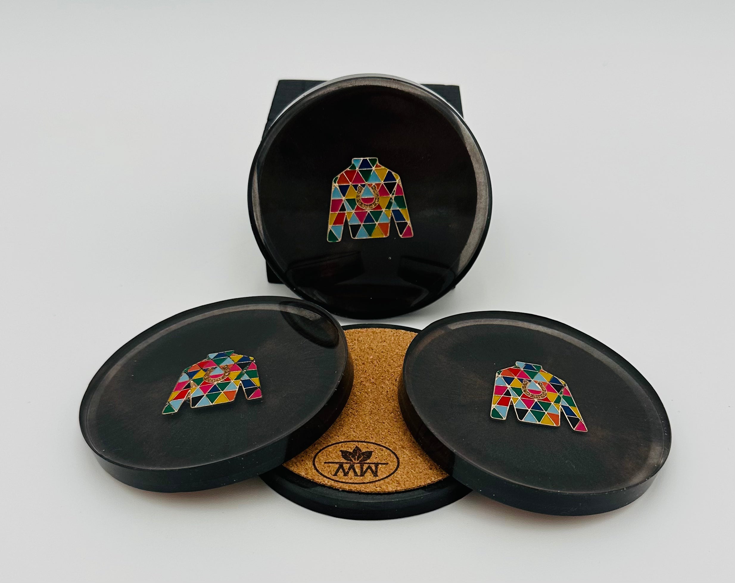 Handcrafted  Black Resin Coasters with Jockey Silk inlay, Set of Four