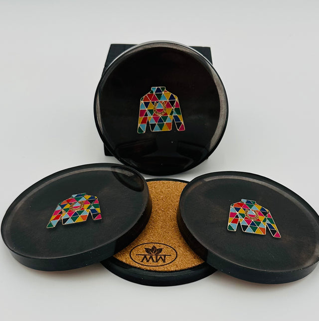 Handcrafted  Black Resin Coasters with Jockey Silk inlay, Set of Four