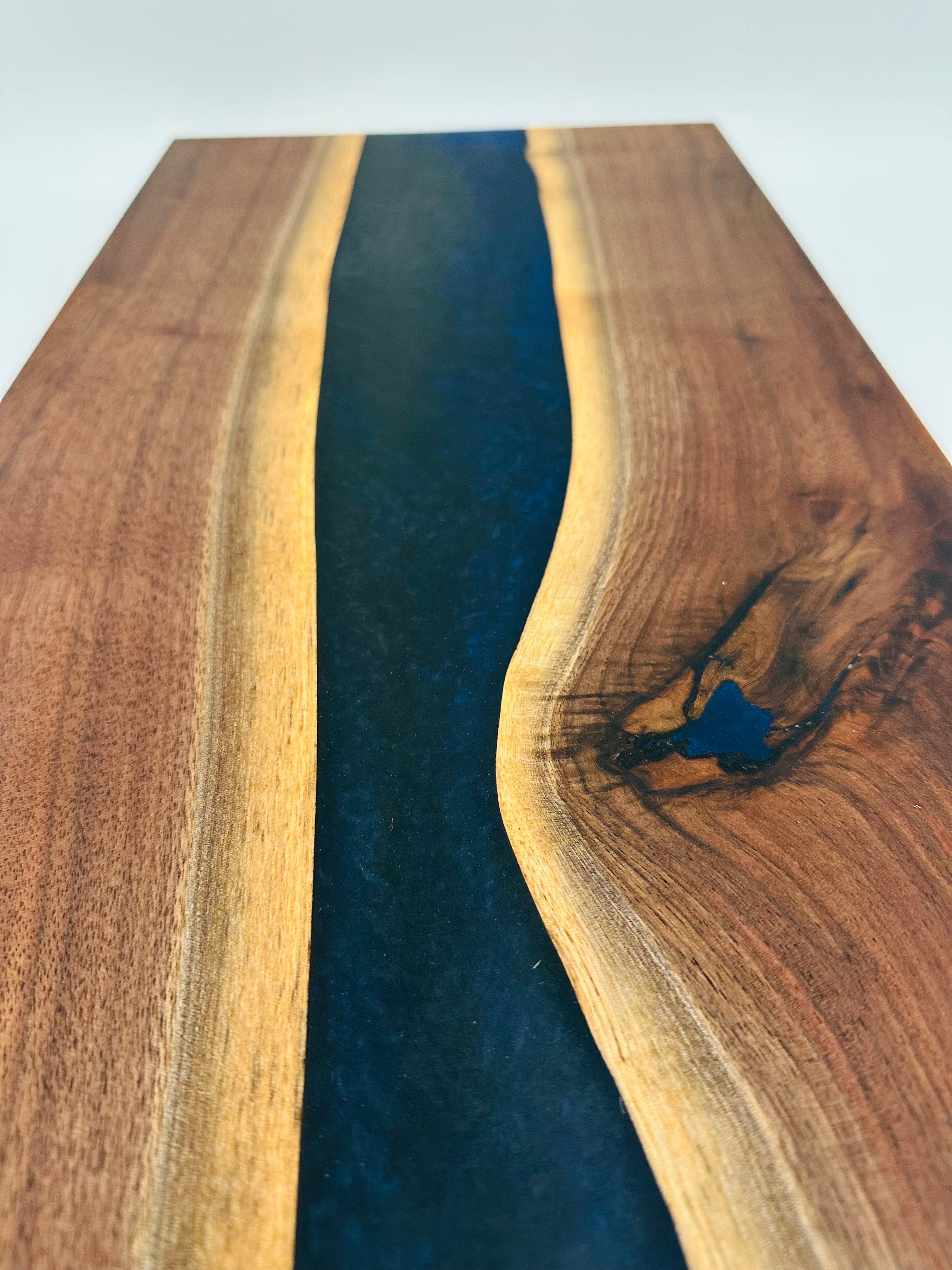 Handcrafted Black Walnut Charcuterie Board with Dark Blue Resin Center with Feet