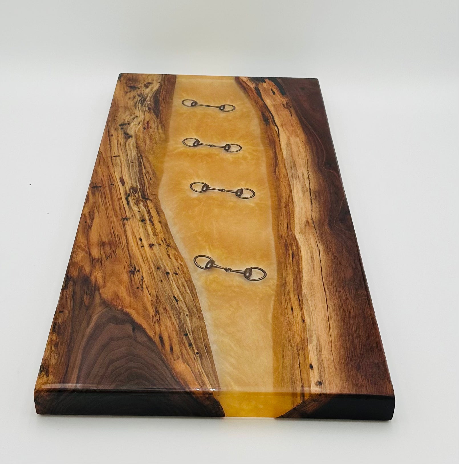 Black Walnut Charcuterie Board with Clear and Gold Colored Resin, Inlaid  Black Bridle Bit