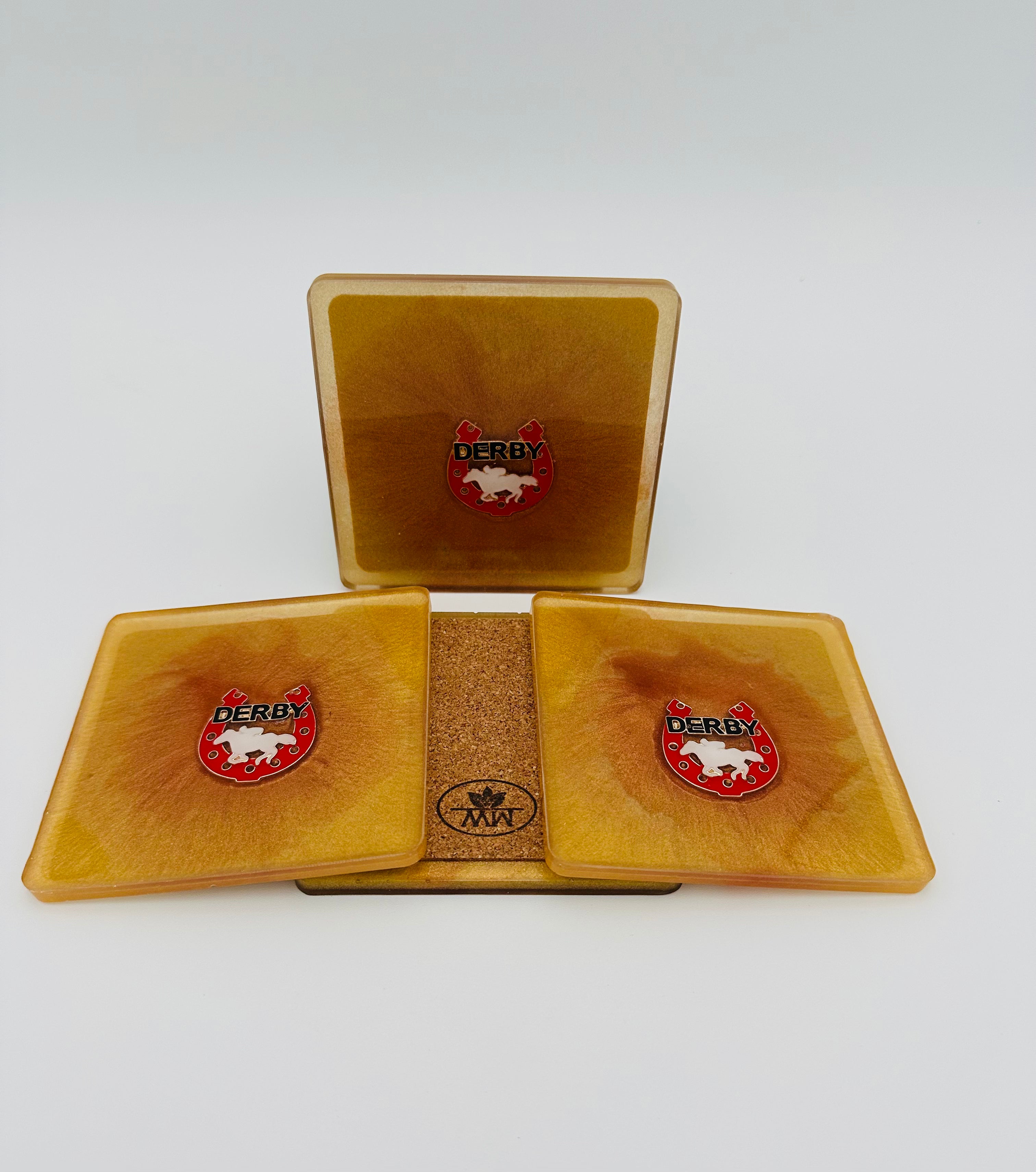 Handcrafted Gold Resin Coasters with Derby Pin Inlay, Set of 4