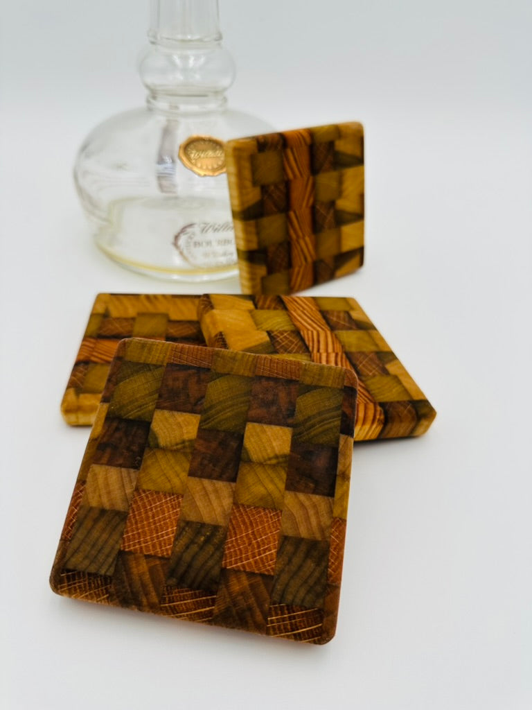 Handcrafted Tobacco Stick End Grain and Face Grain Coasters, Set of 4