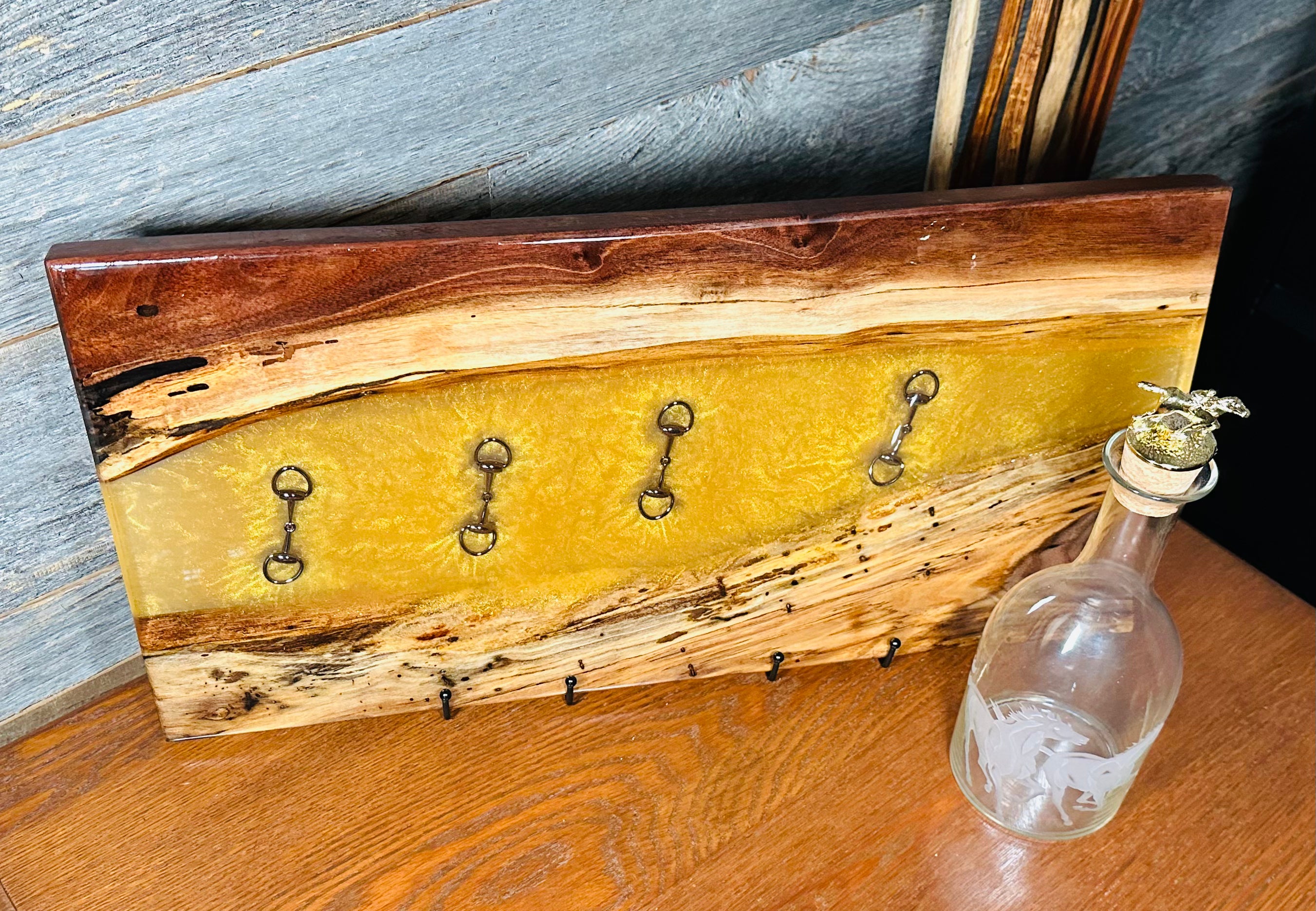 Black Walnut Charcuterie Board with Clear and Gold Colored Resin, Inlaid  Black Bridle Bit