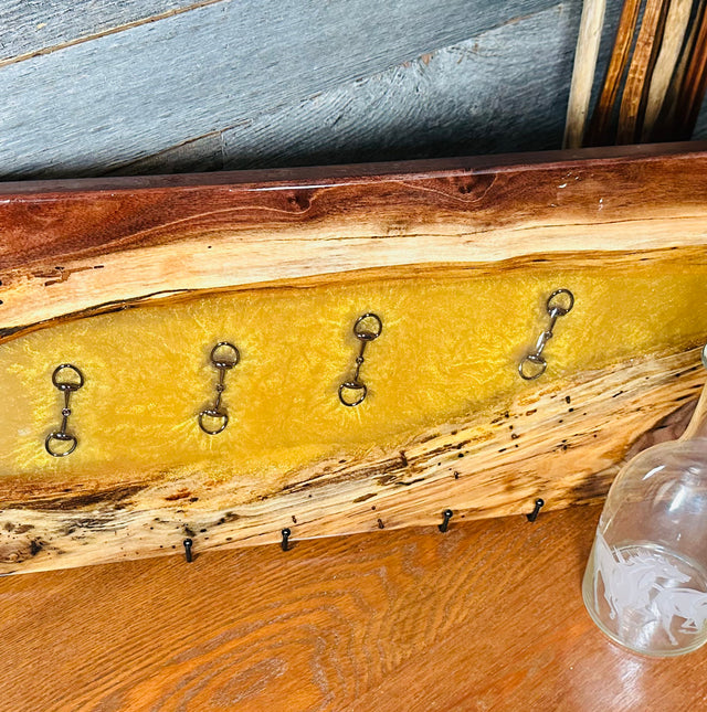 Black Walnut Charcuterie Board with Clear and Gold Colored Resin, Inlaid  Black Bridle Bit