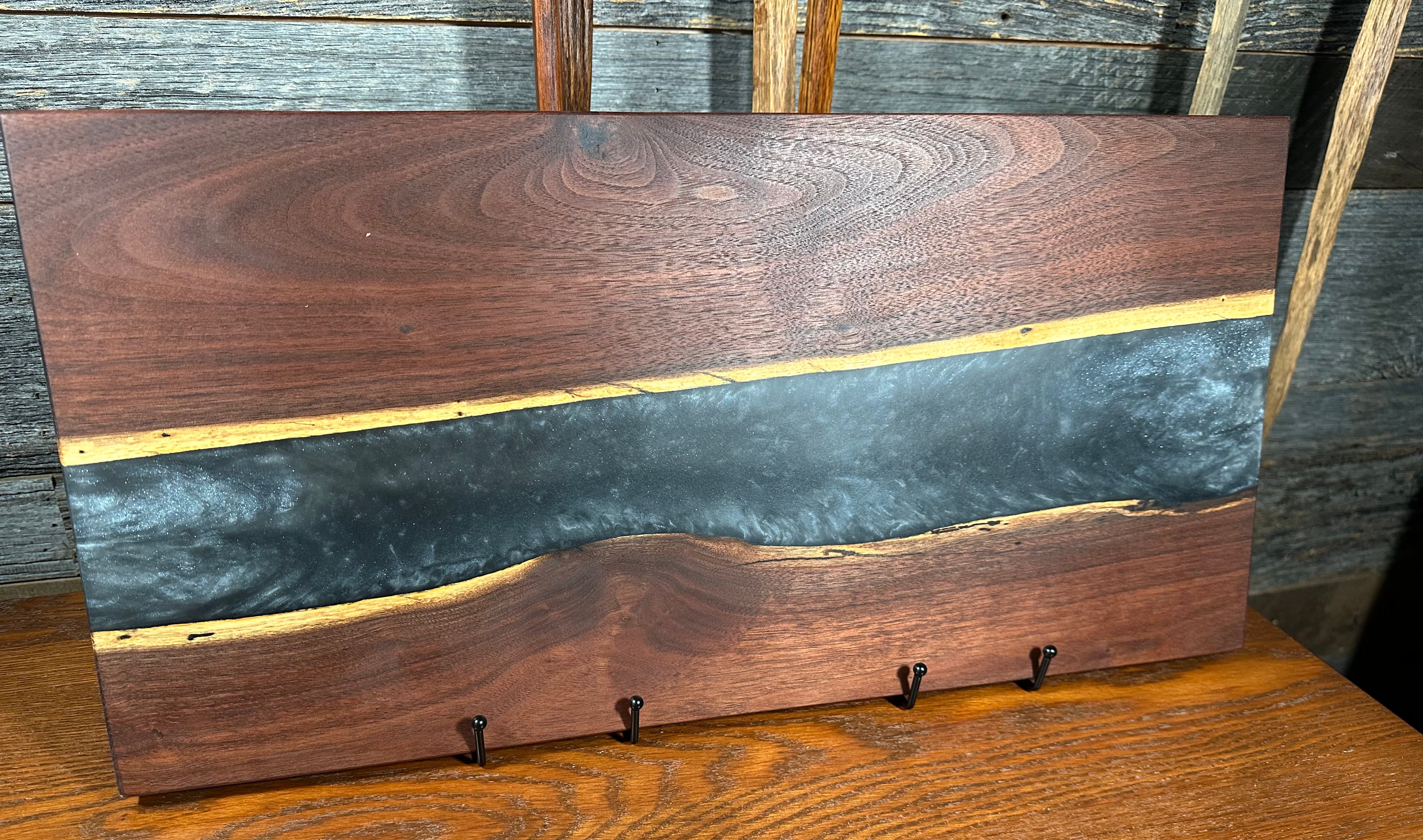 Handcrafted Black Walnut Charcuterie Board with Black and Silver Resin Center with Feet