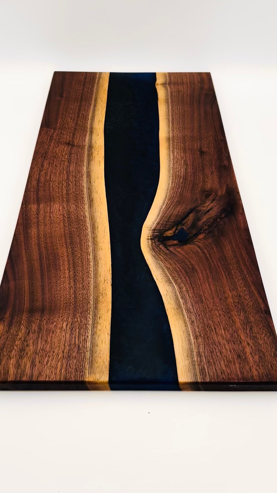 Handcrafted Black Walnut Charcuterie Board with Dark Blue Resin Center with Feet