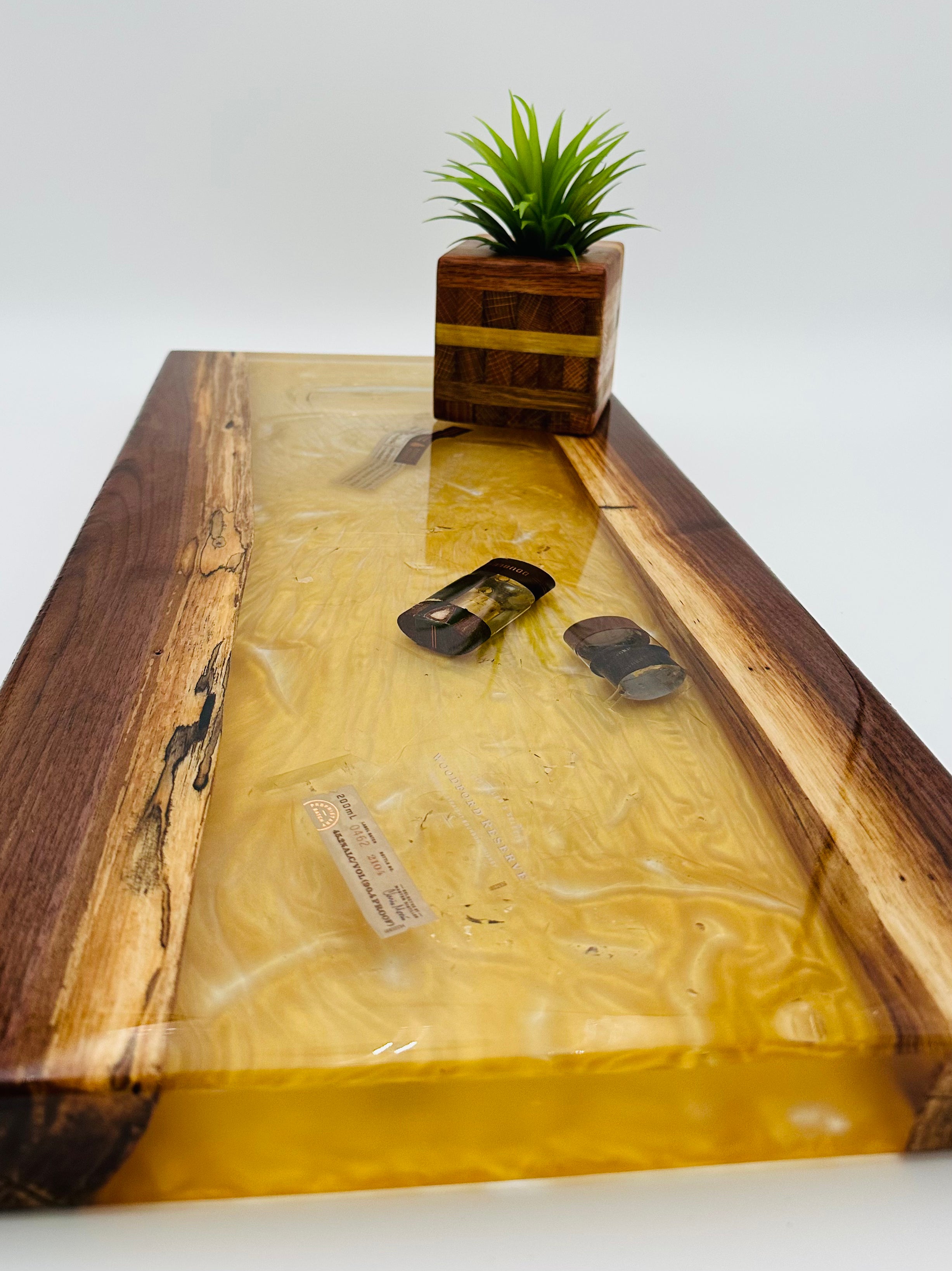 Black Walnut Charcuterie Board with Bourbon-Colored Resin & Broken Woodford Bottle