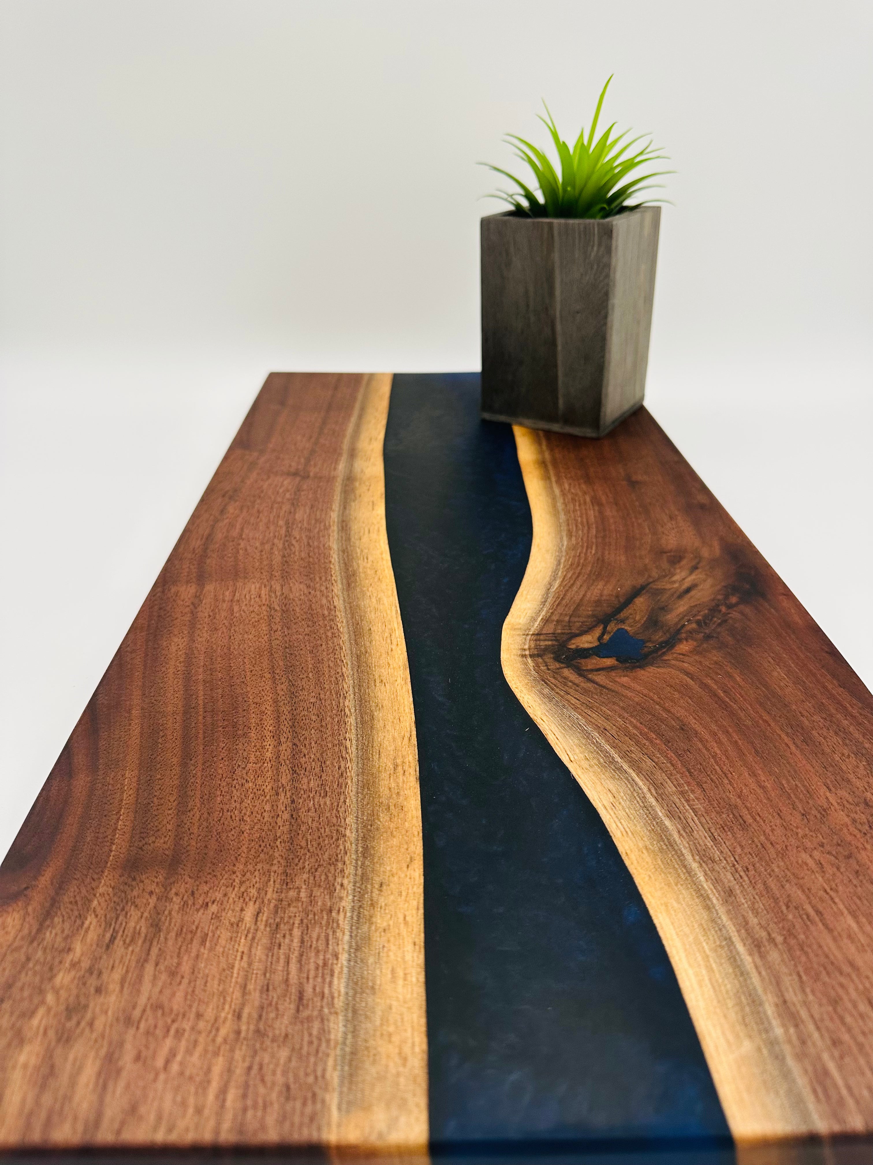 Handcrafted Black Walnut Charcuterie Board with Dark Blue Resin Center with Feet