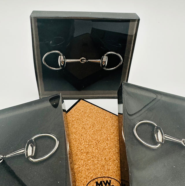 Handcrafted Black Resin Coasters with Silver Bridle Bit Inlay, Set of 4