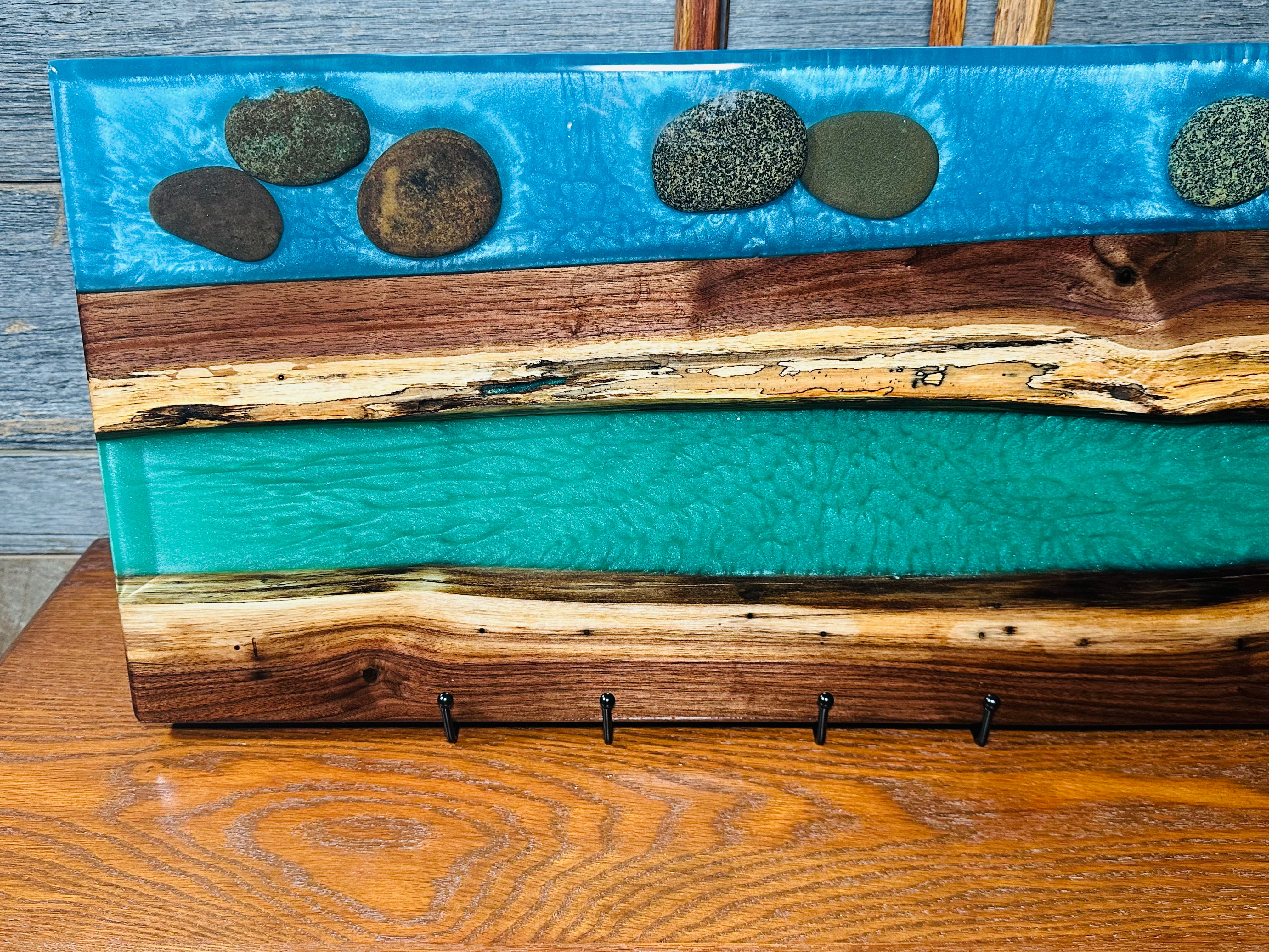 Handcrafted Black Walnut Charcuterie Board with Green and Blue Inlaid with Stones