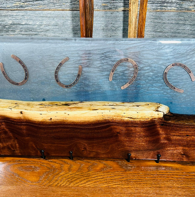 Handcrafted Black Walnut Charcuterie Board with Light Blue Resin with inlay Horseshoes
