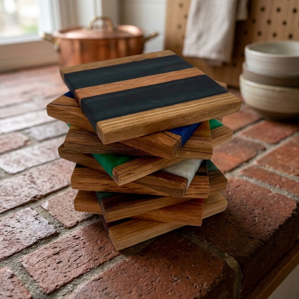 Handcrafted Reclaimed Tobacco Stick & Epoxy Resin Coaster Set | Rustic Drink Coasters -Set of 4