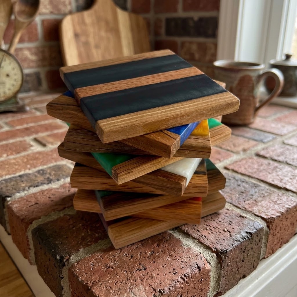 Handcrafted Reclaimed Tobacco Stick & Epoxy Resin Coaster Set | Rustic Drink Coasters -Set of 4