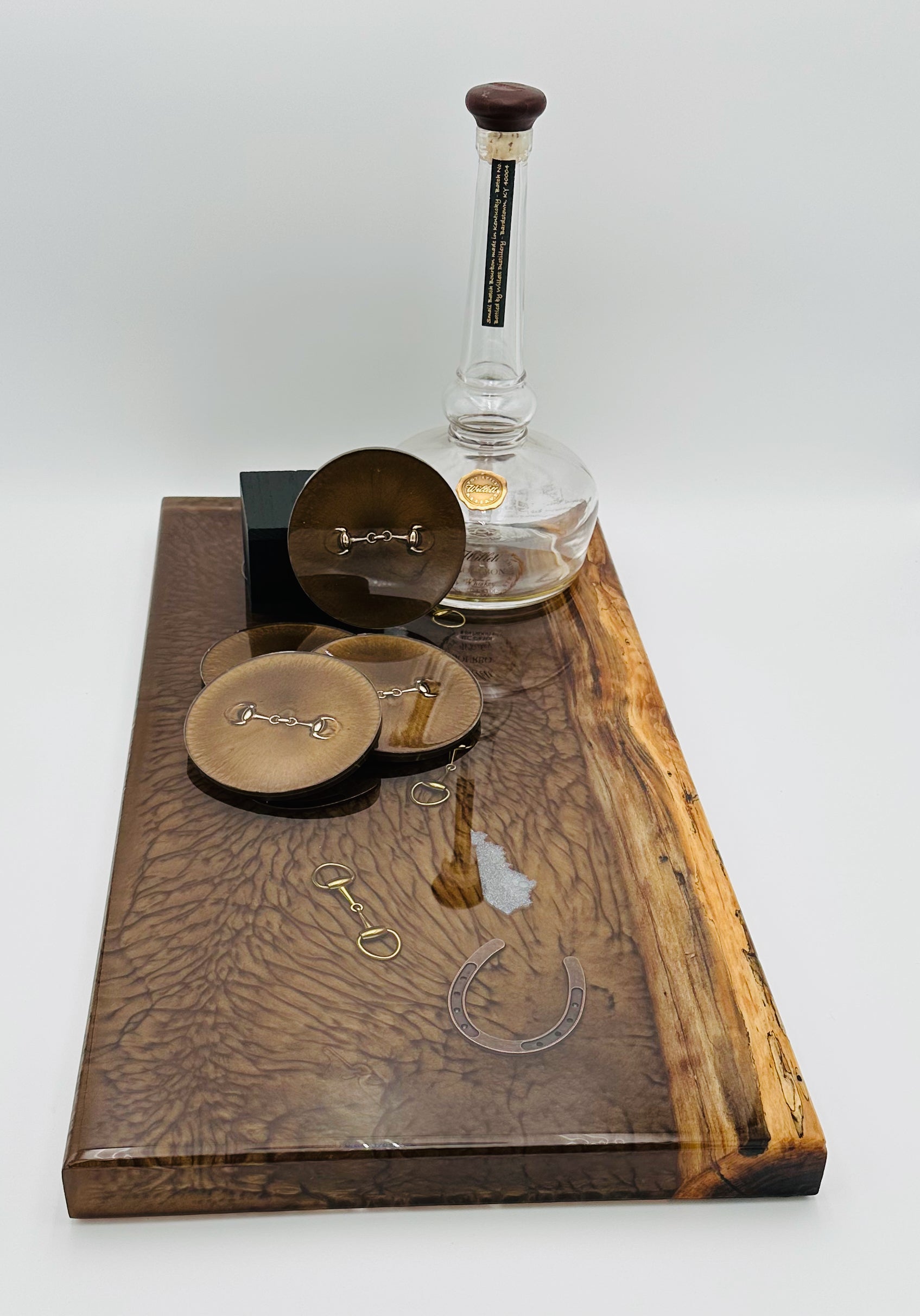 Black Walnut Charcuterie Board with Bronze Colored Resin, Inlaid with Horseshoe, Bridle Bit, and Kentucky