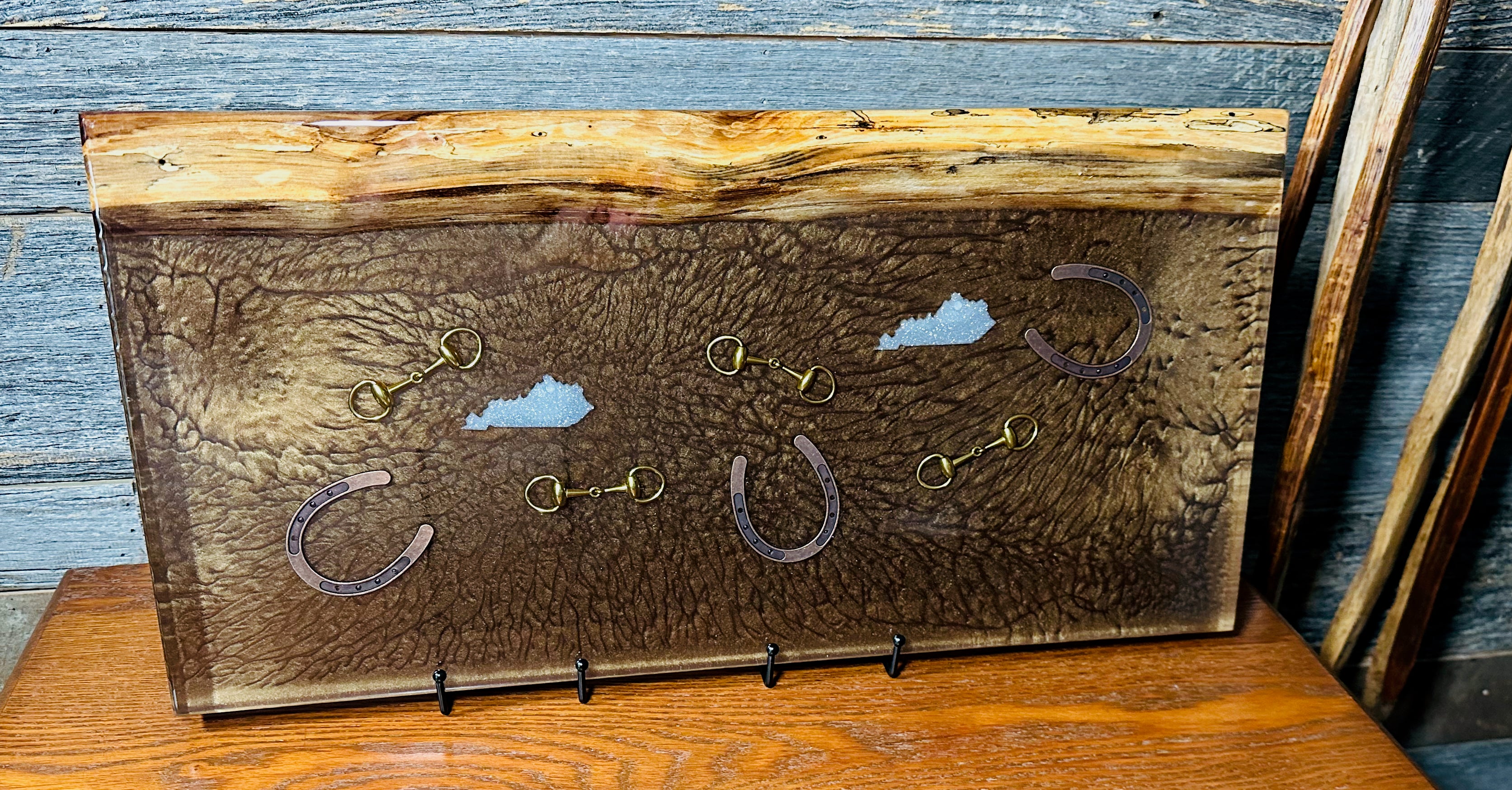 Black Walnut Charcuterie Board with Bronze Colored Resin, Inlaid with Horseshoe, Bridle Bit, and Kentucky