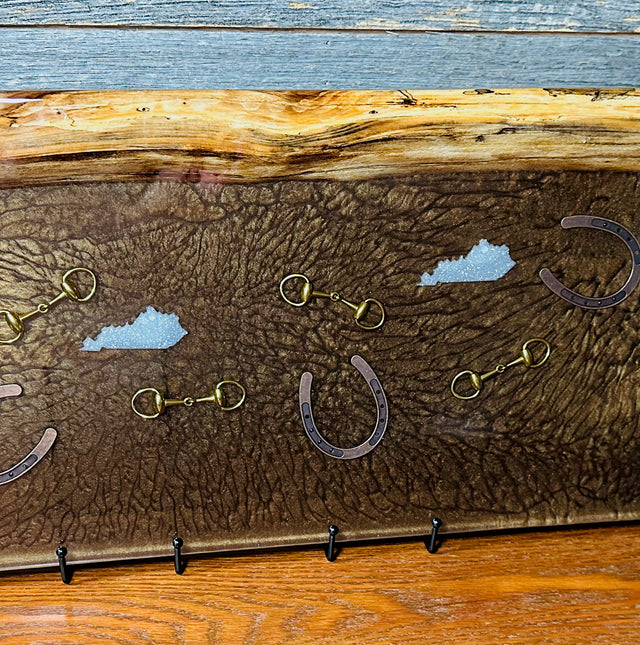 Black Walnut Charcuterie Board with Bronze Colored Resin, Inlaid with Horseshoe, Bridle Bit, and Kentucky