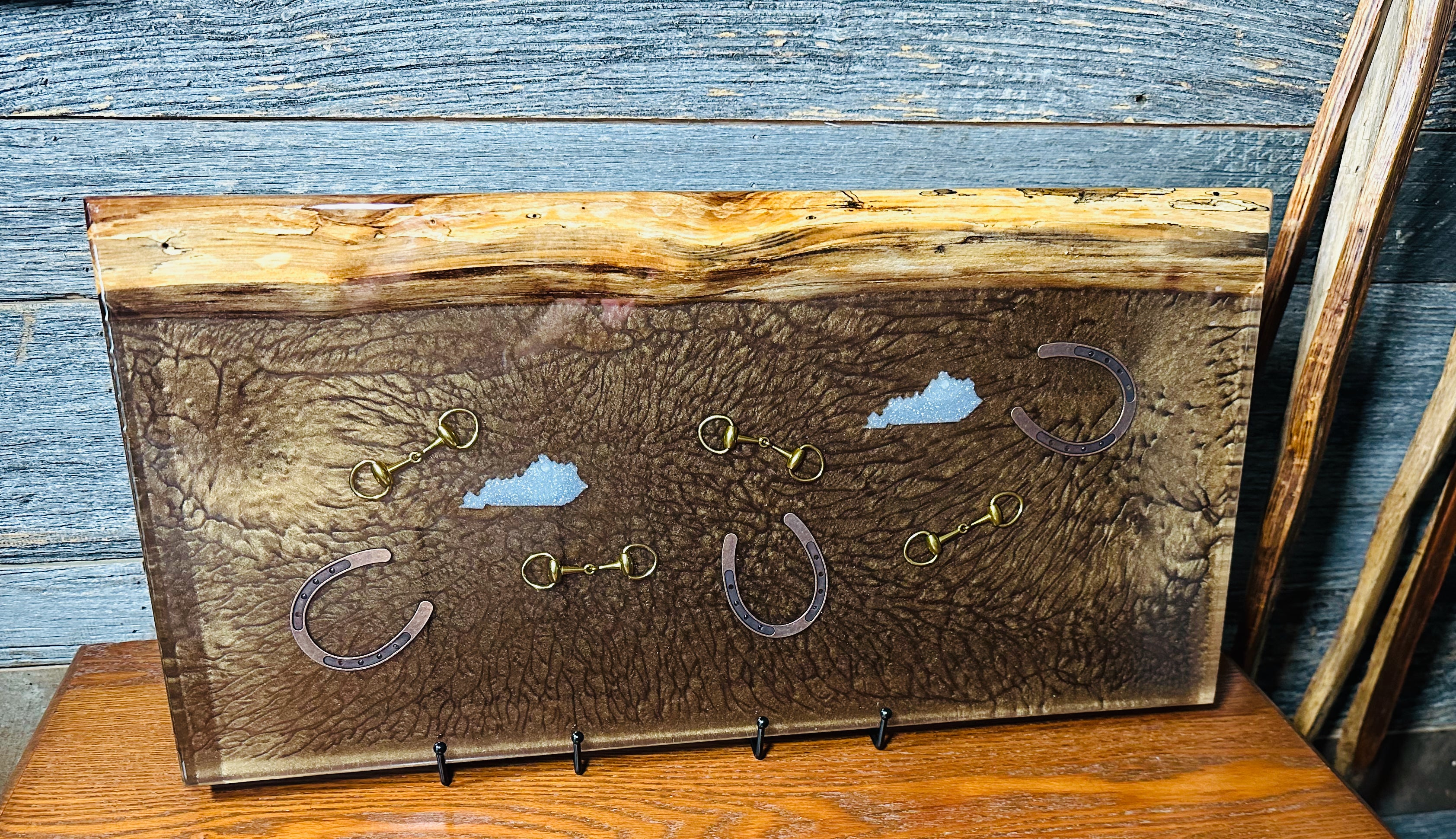 Black Walnut Charcuterie Board with Bronze Colored Resin, Inlaid with Horseshoe, Bridle Bit, and Kentucky