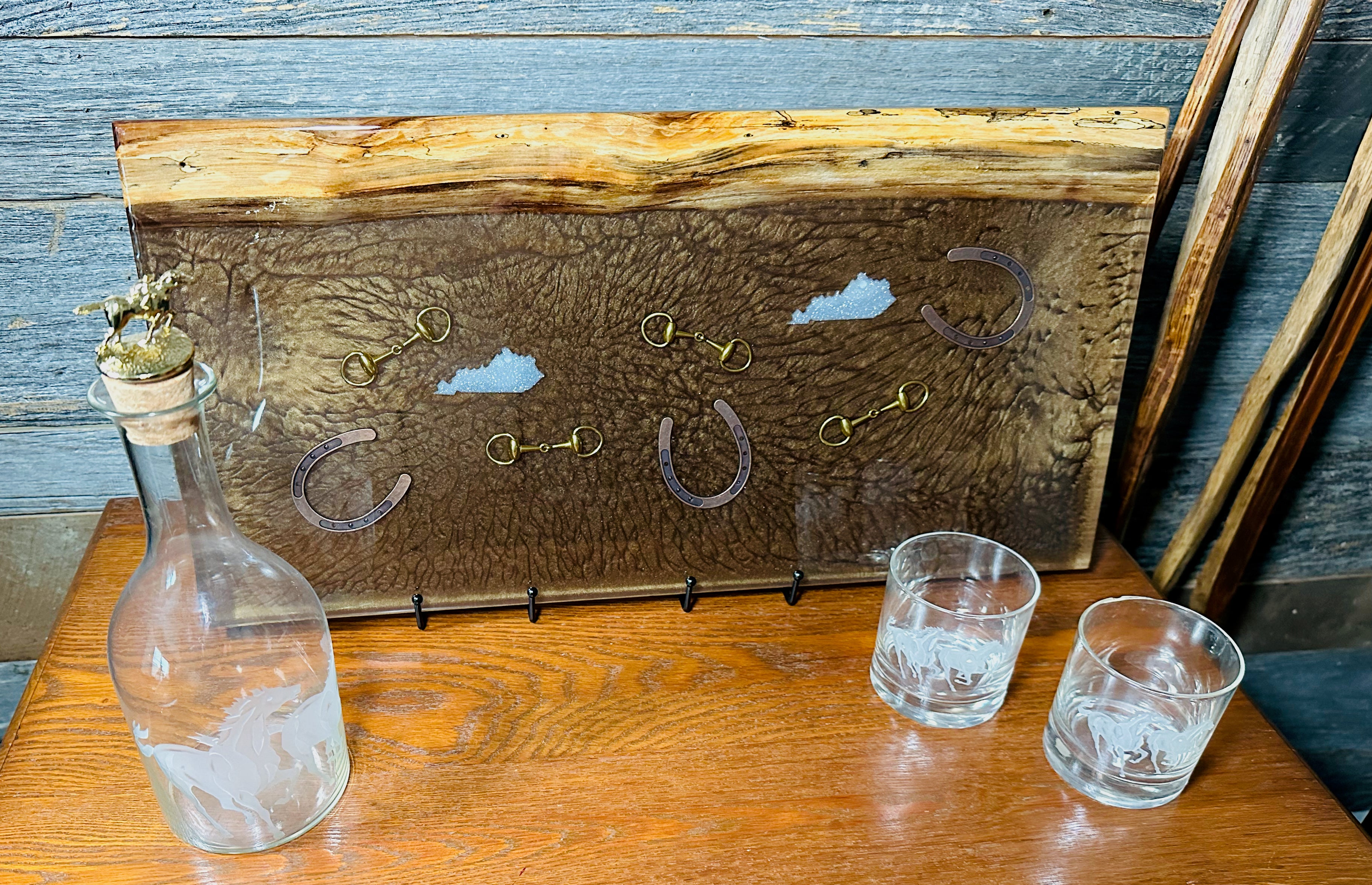 Black Walnut Charcuterie Board with Bronze Colored Resin, Inlaid with Horseshoe, Bridle Bit, and Kentucky