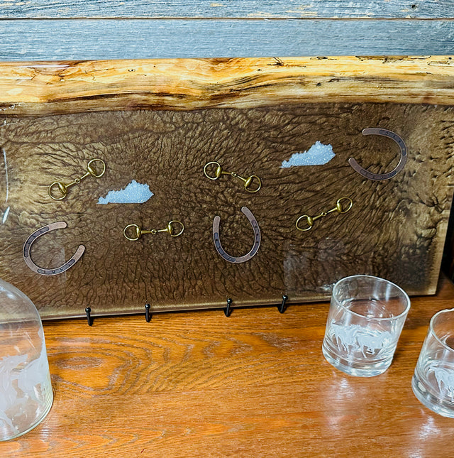 Black Walnut Charcuterie Board with Bronze Colored Resin, Inlaid with Horseshoe, Bridle Bit, and Kentucky