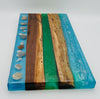 Handcrafted Coastal Live Edge Black Walnut Charcuterie Board with Sea Glass Green, Ocean Blue Resin & Embedded Seashells