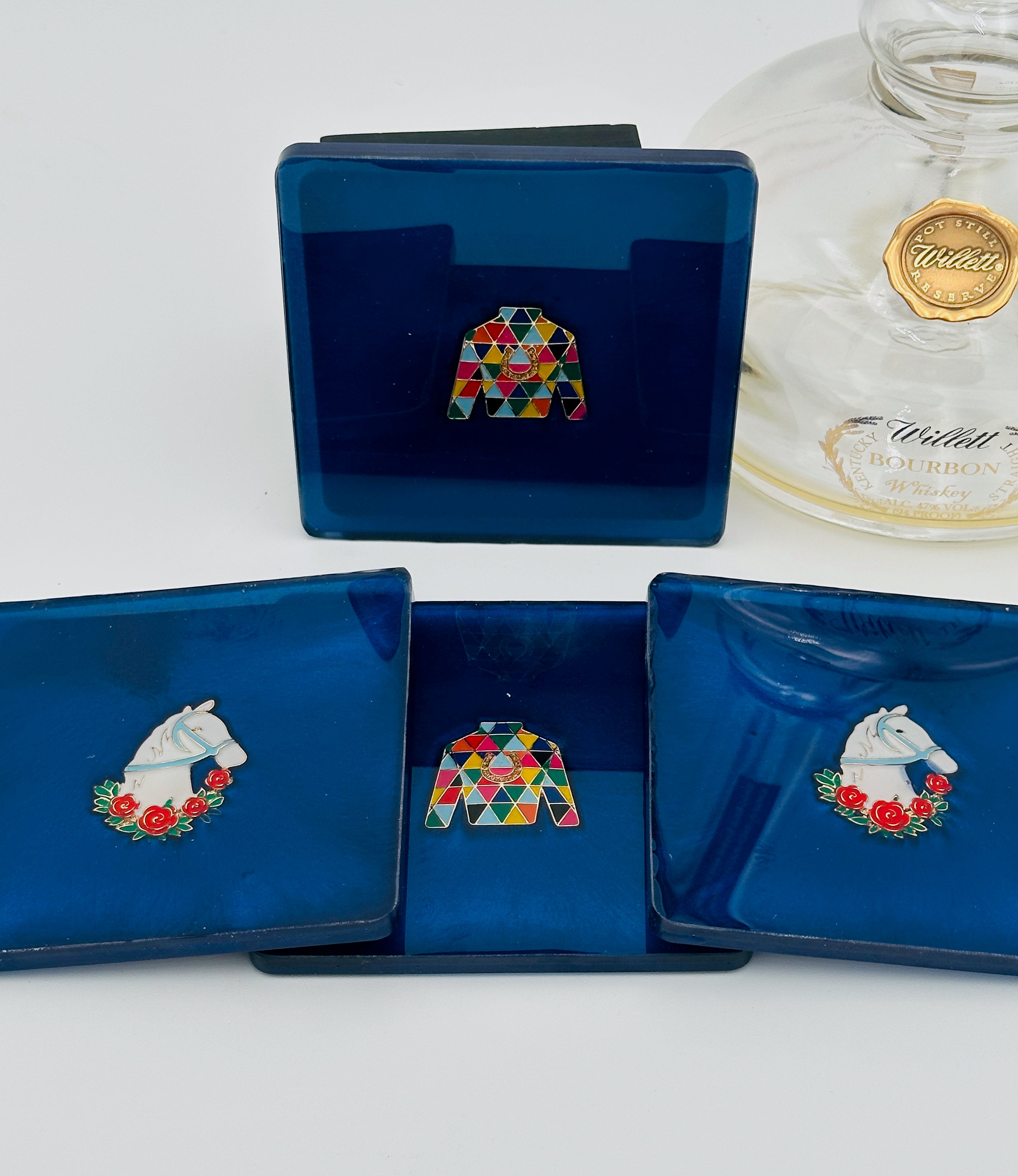 Handcrafted Resin Coasters with Jockey Silk and Horse Head inlay, Set of Four