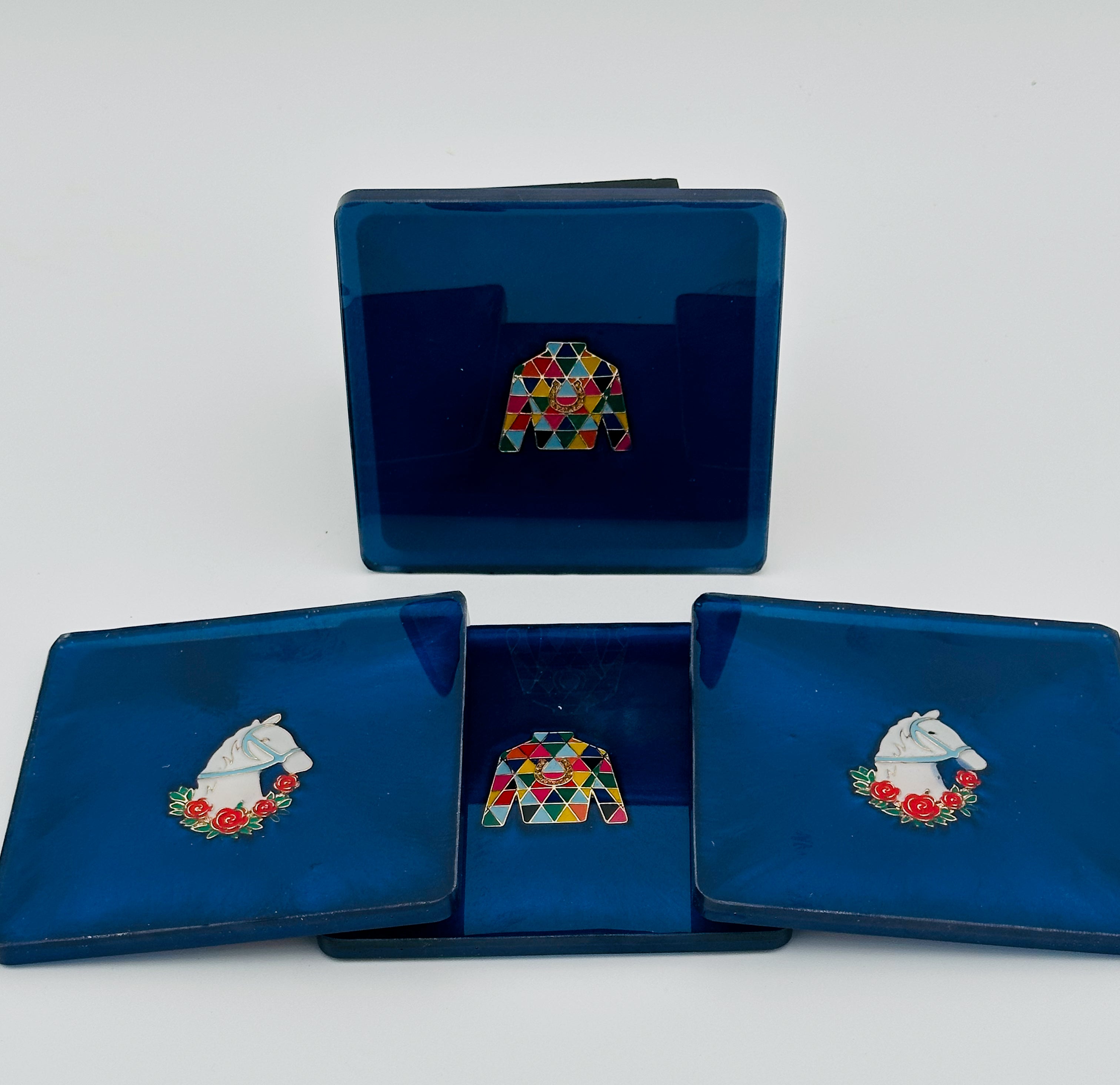 Handcrafted Resin Coasters with Jockey Silk and Horse Head inlay, Set of Four