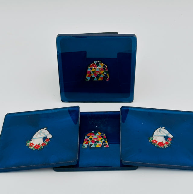 Handcrafted Resin Coasters with Jockey Silk and Horse Head inlay, Set of Four