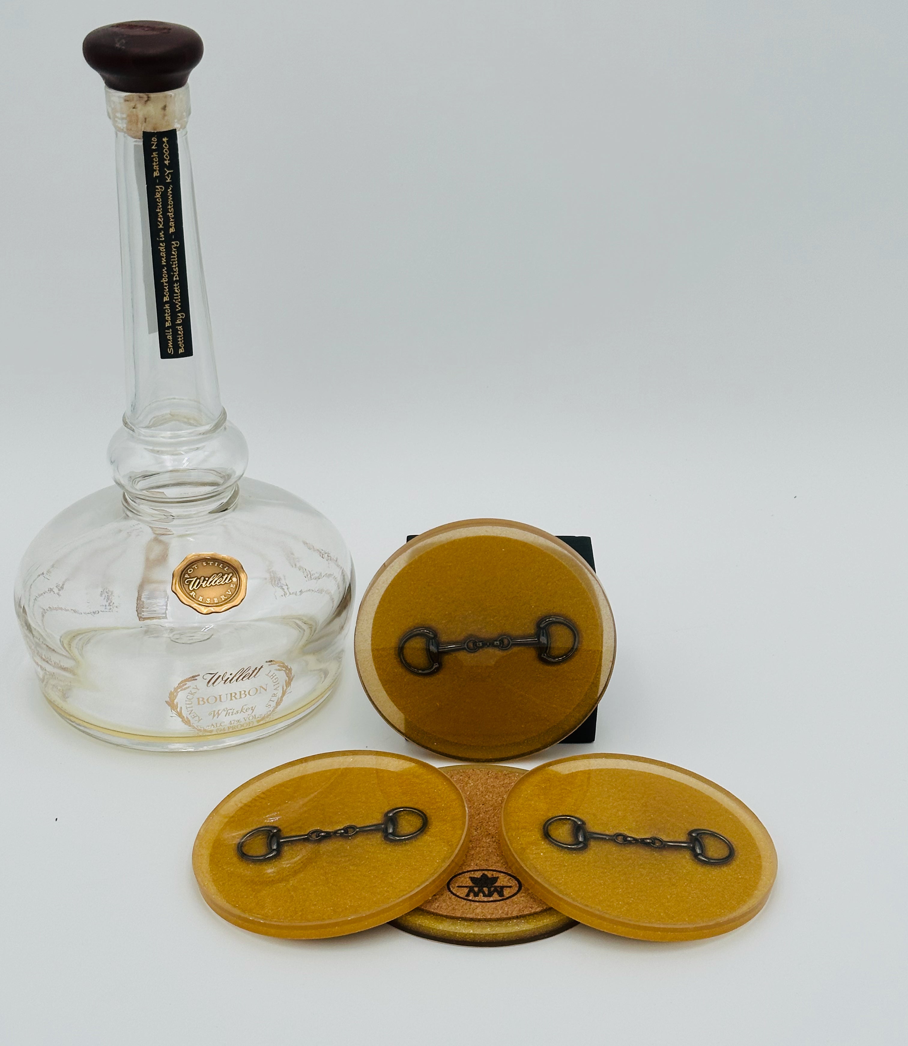 Handcrafted Gold Resin Coasters with Black Bridle Bit Inlay, Set of 4