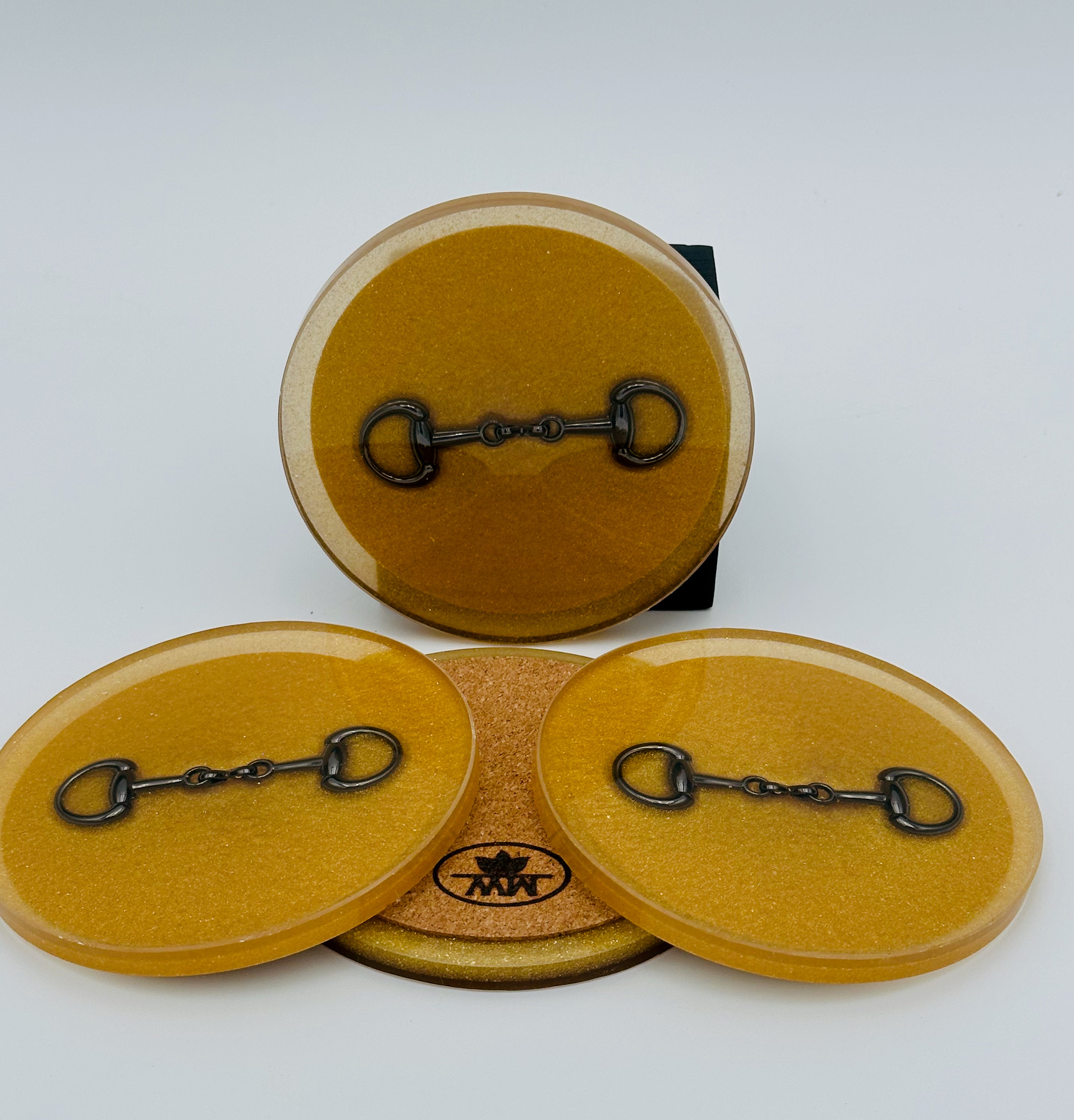 Handcrafted Gold Resin Coasters with Black Bridle Bit Inlay, Set of 4