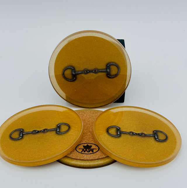 Handcrafted Gold Resin Coasters with Black Bridle Bit Inlay, Set of 4