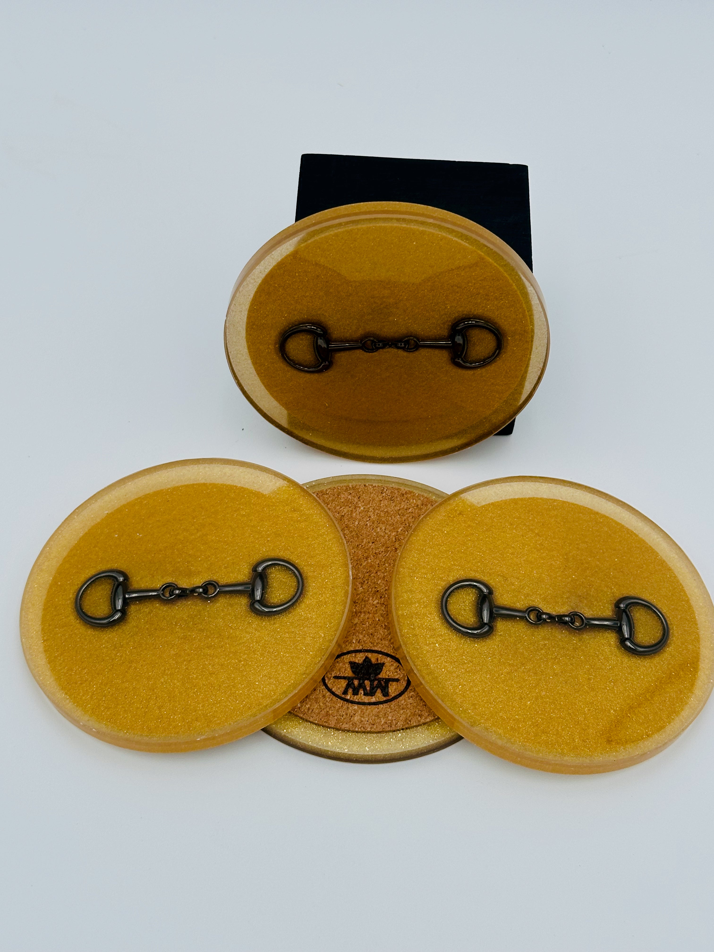 Handcrafted Gold Resin Coasters with Black Bridle Bit Inlay, Set of 4