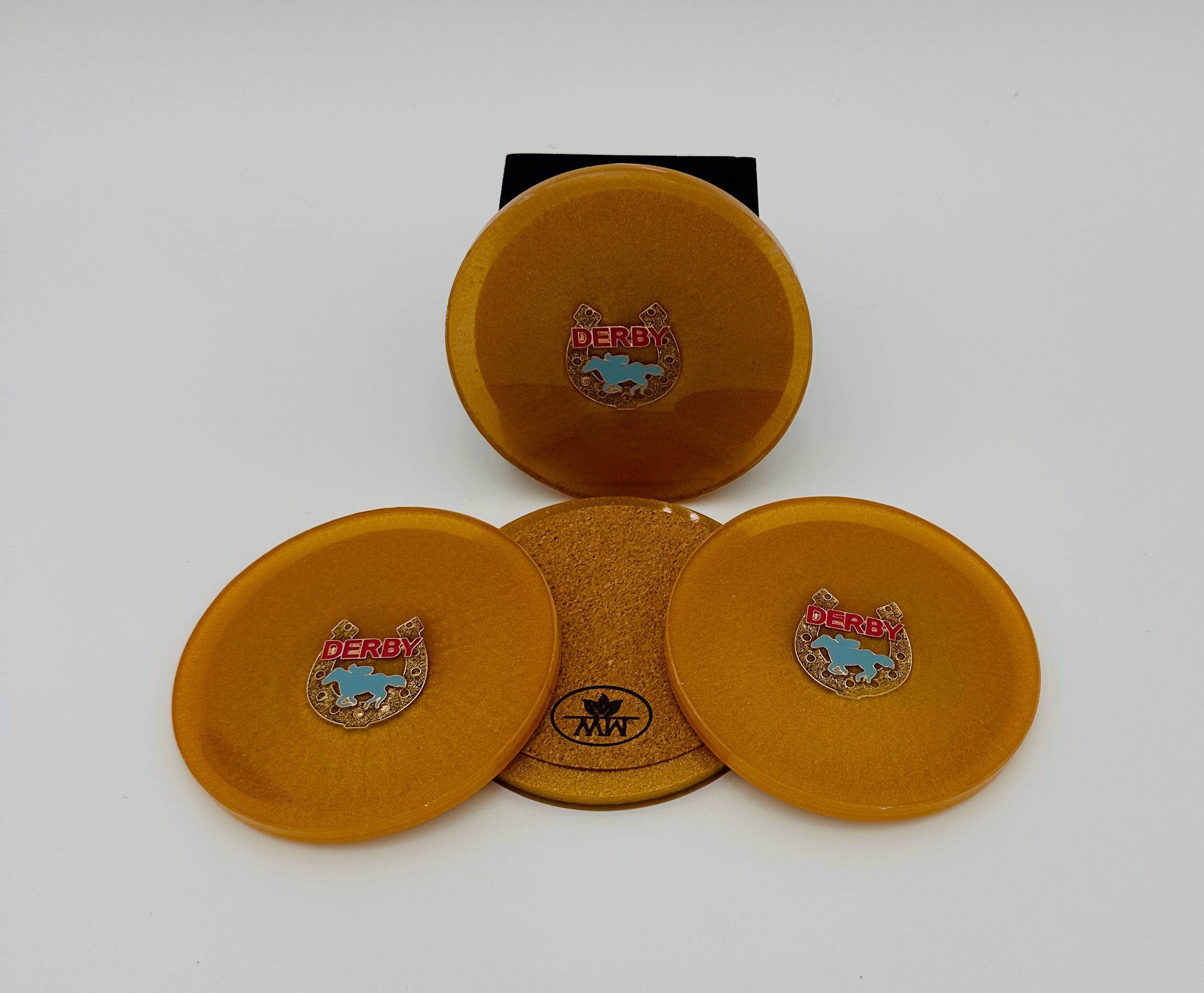 Handcrafted Gold Resin Coasters with Derby Pin Inlay, Set of 4